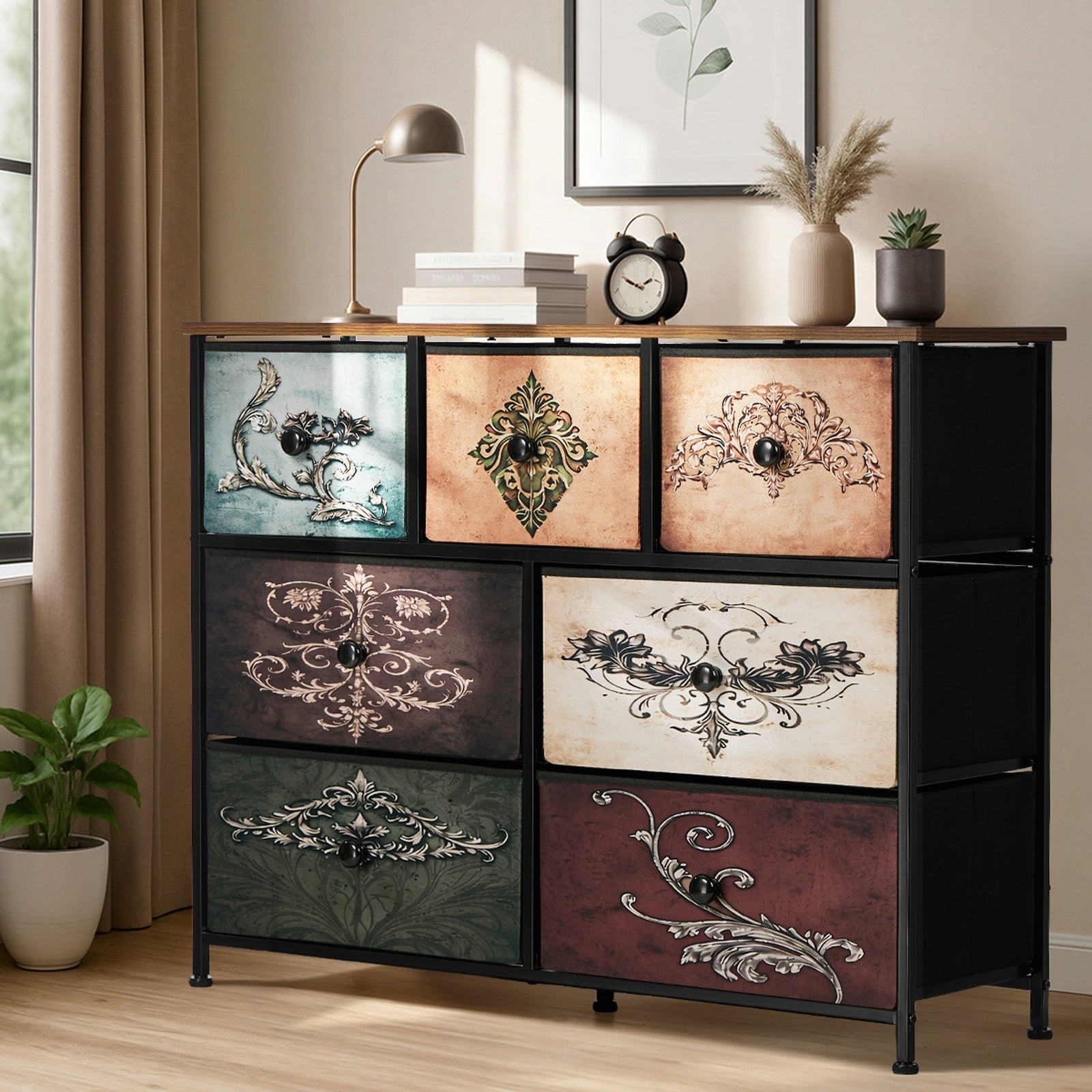 Oikiture 7 Chest Of Drawers Retro Tallboy Printed Foldable Fabric Drawers