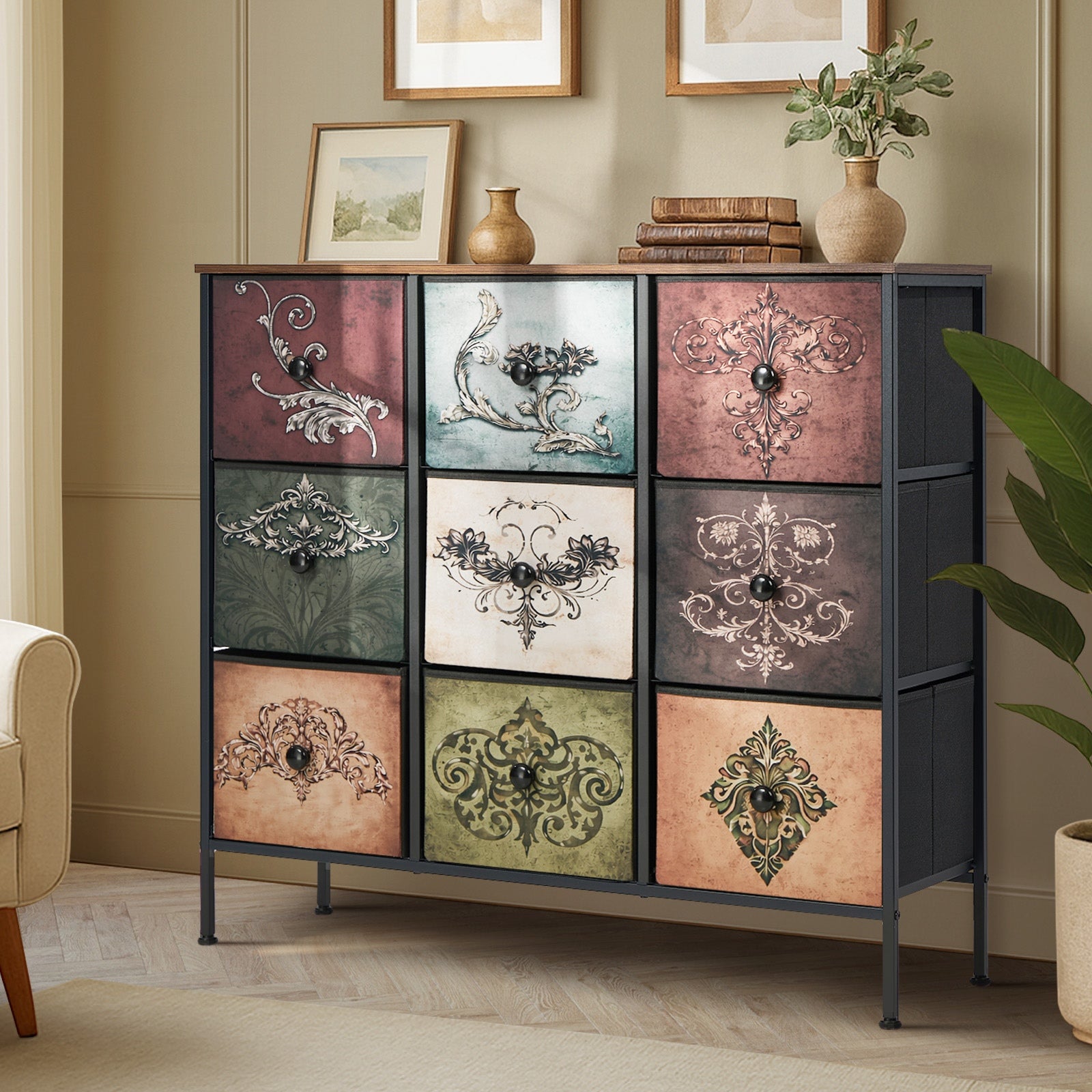 Oikiture 9 Chest Of Drawers Retro Tallboy Printed Foldable Fabric Drawers