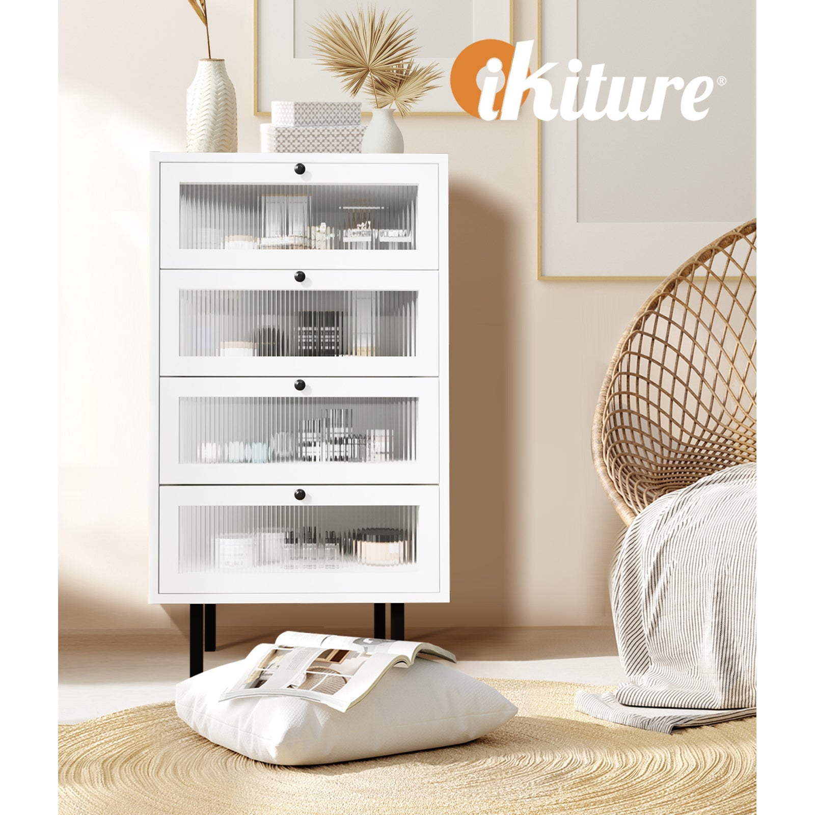 Oikiture 4 Chest of Drawers Tallboy Dresser Storage Cabinet White Set of 2 - Sunyee