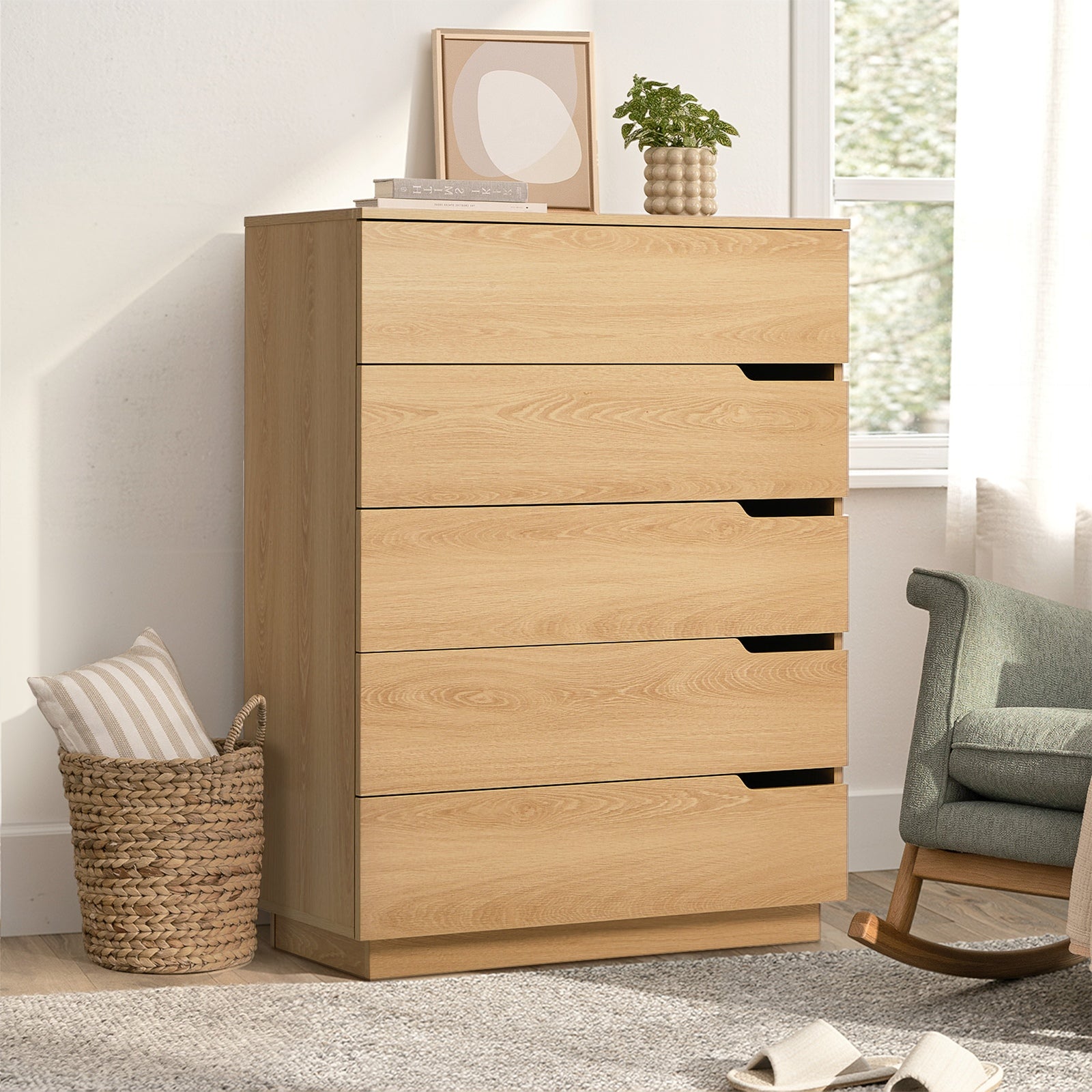 Oikiture 5 Chest of Drawers Dresser Tallboy Storage Cabinet Bedroom Natural - Sunyee