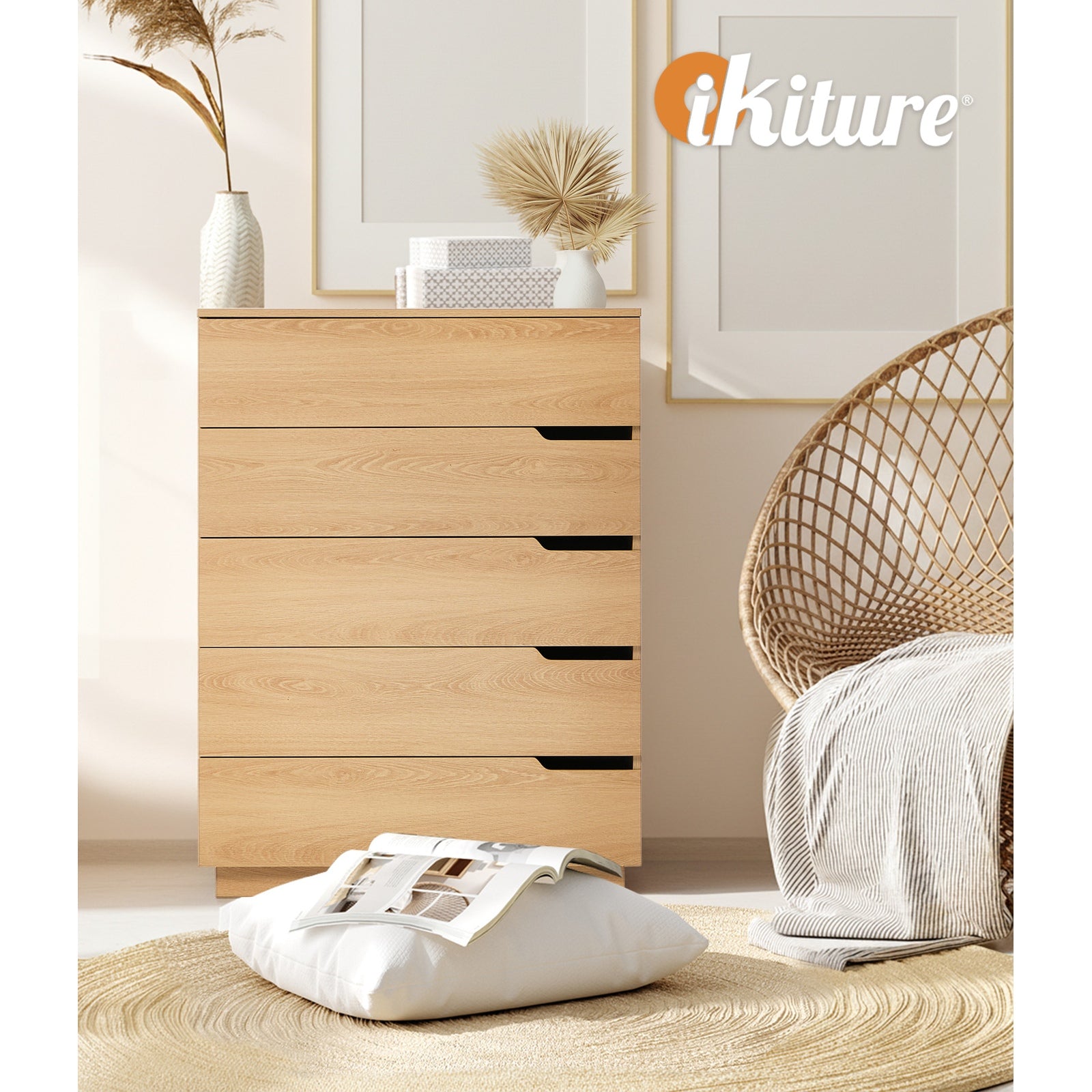 Oikiture 5 Chest of Drawers Dresser Tallboy Storage Cabinet Bedroom Natural - Sunyee
