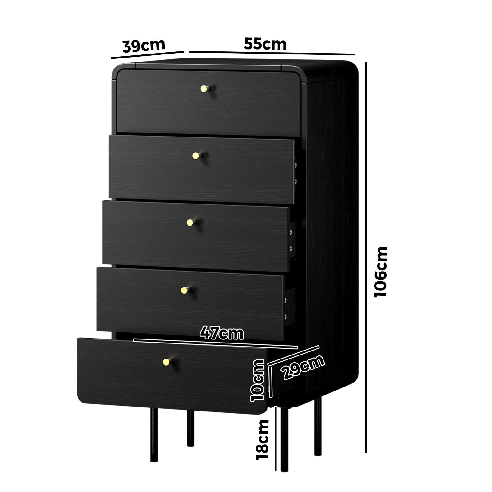 Oikiture 5 Chest of Drawers Tallboy Storage Cabinet Dresser Black - Sunyee