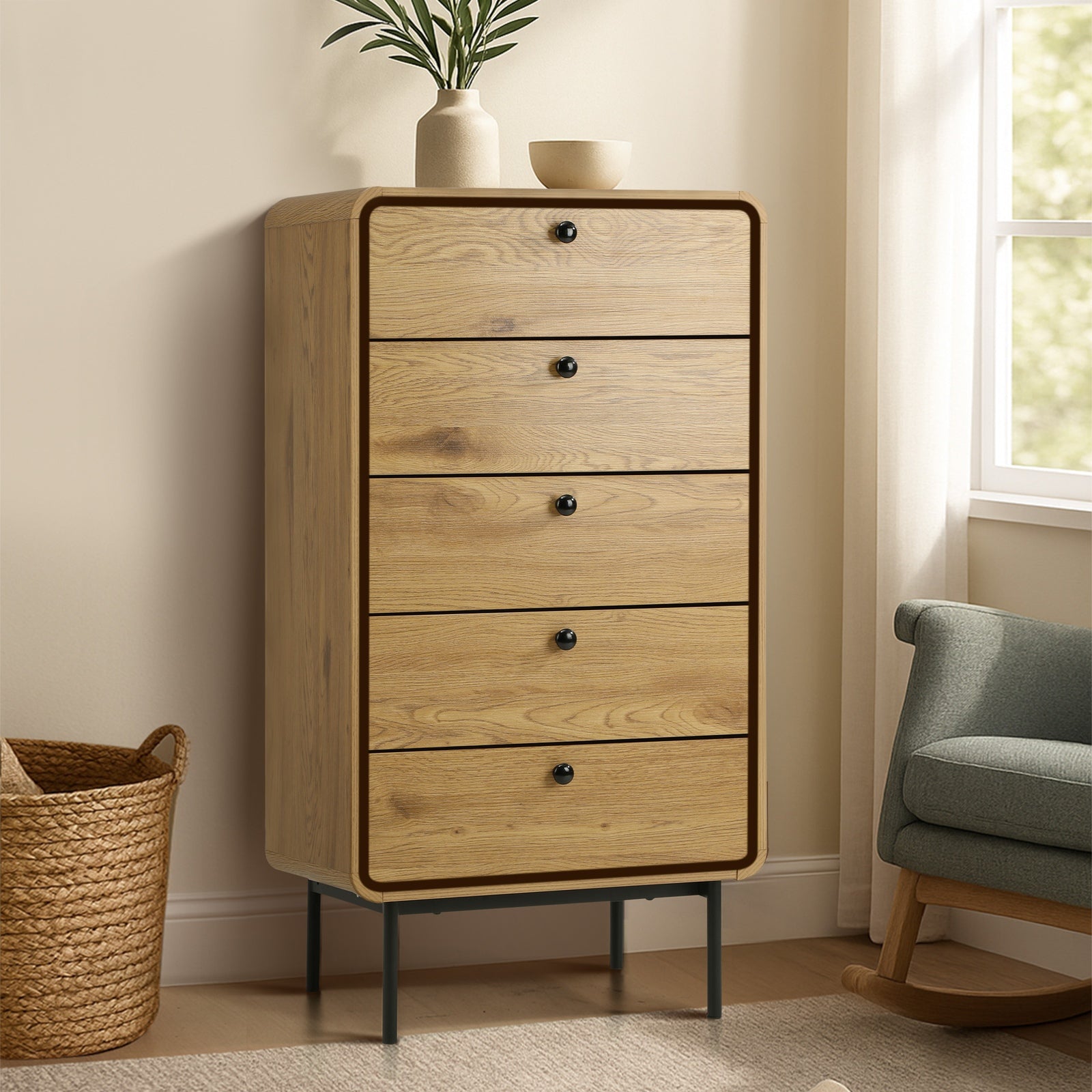 Oikiture 5 Chest of Drawers Tallboy Storage Cabinet Dresser Natural