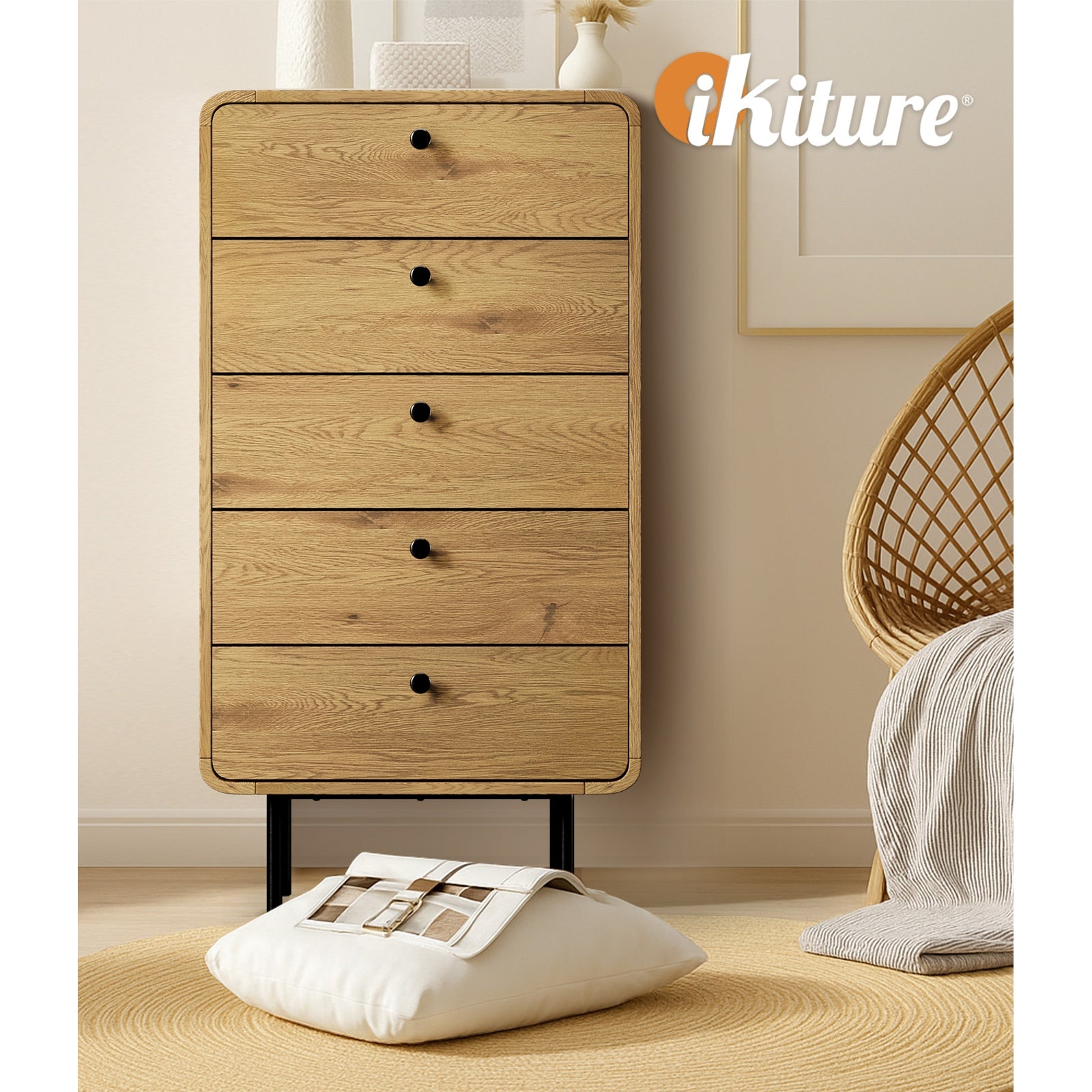 Oikiture 5 Chest of Drawers Tallboy Storage Cabinet Dresser Natural - Sunyee