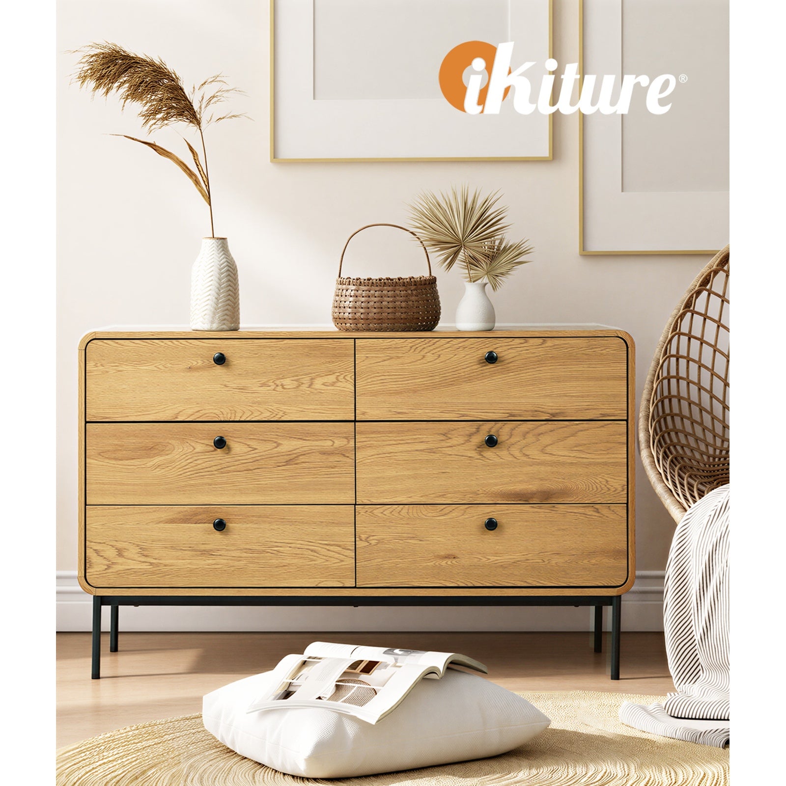 Oikiture 6 Chest of Drawers Tallboy Storage Cabinet Dresser Natural