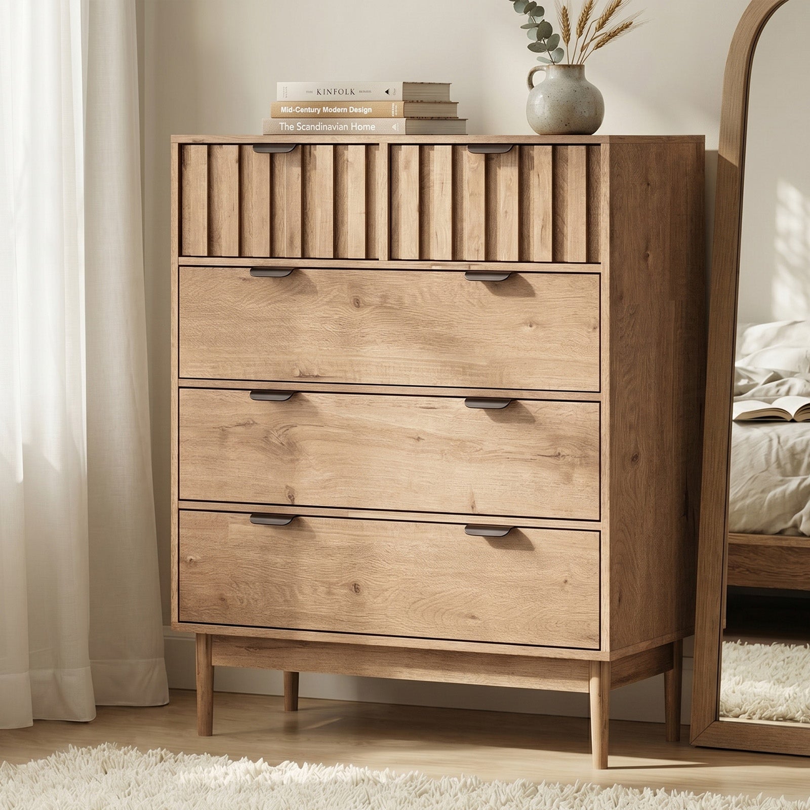 Oikiture 5 Chest of Drawers Dresser Tallboy Modern Nightstand Stripe Natural