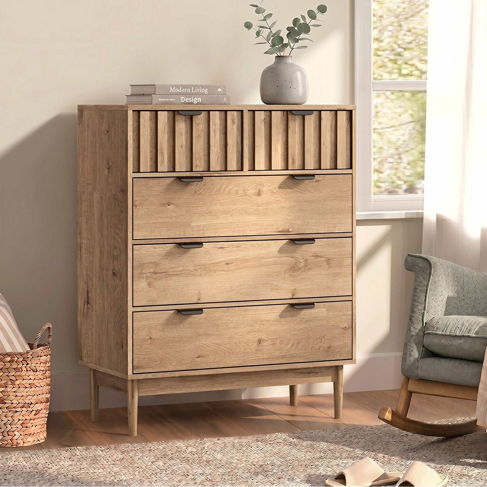 Oikiture 5 Chest of Drawers Dresser Tallboy Modern Nightstand Stripe Natural