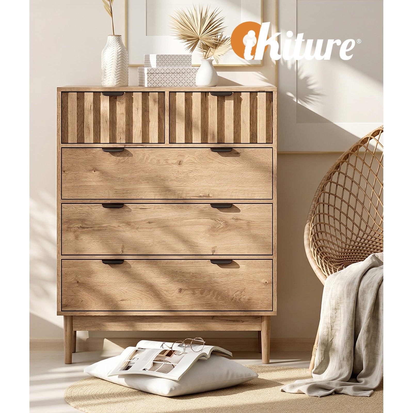 Oikiture 5 Chest of Drawers Dresser Tallboy Modern Nightstand Stripe Natural