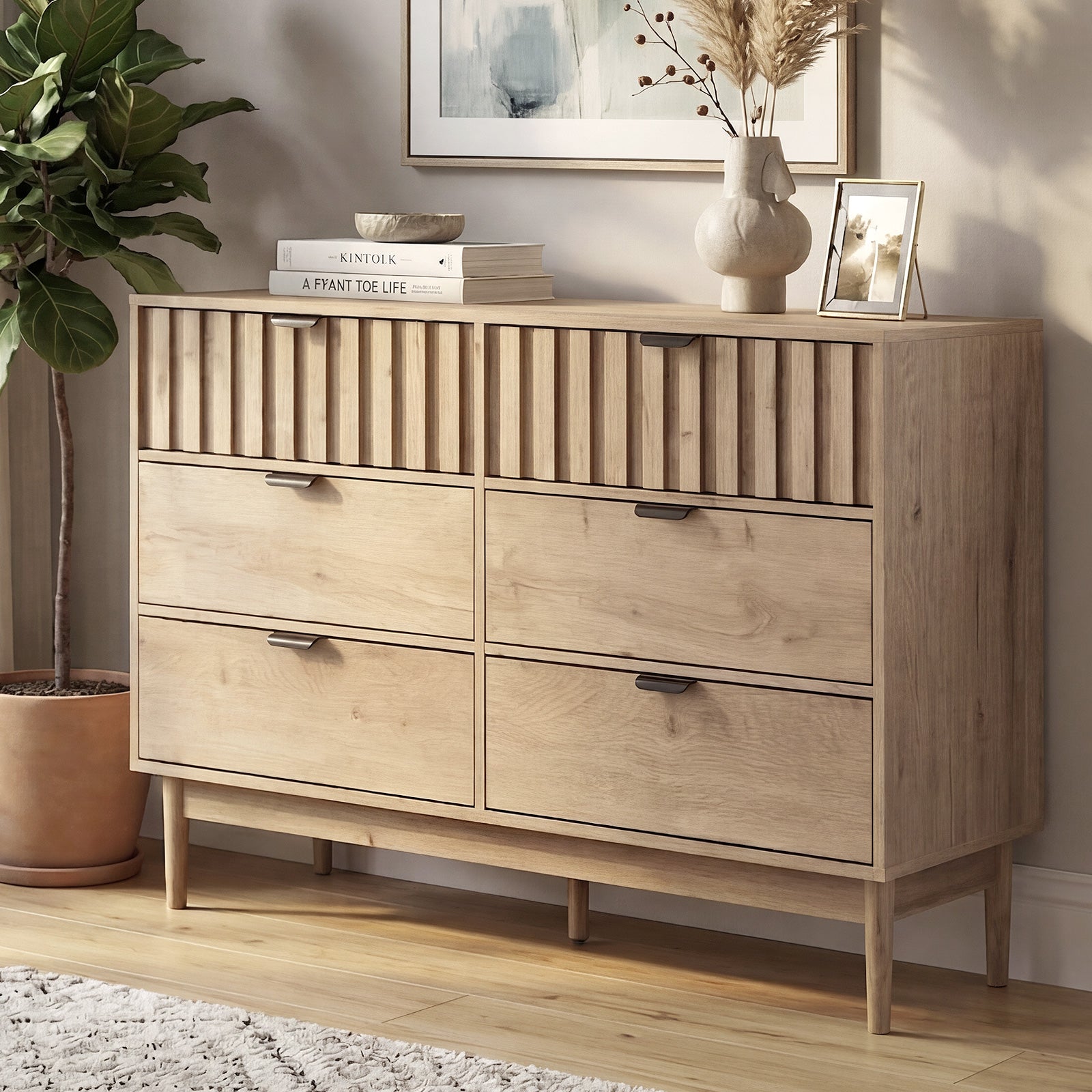 Oikiture 6 Chest of Drawers Organizer Dresser Storage Cabinet Lowboy Natural - Sunyee