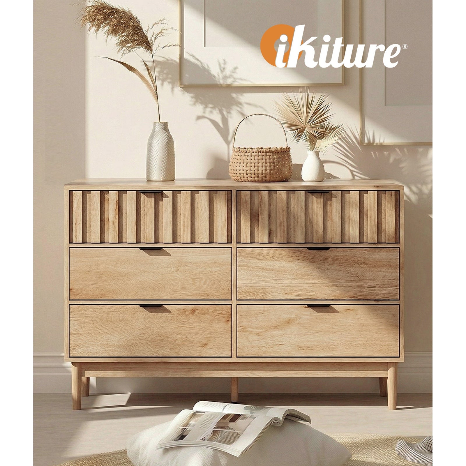Oikiture 6 Chest of Drawers Organizer Dresser Storage Cabinet Lowboy Natural - Sunyee