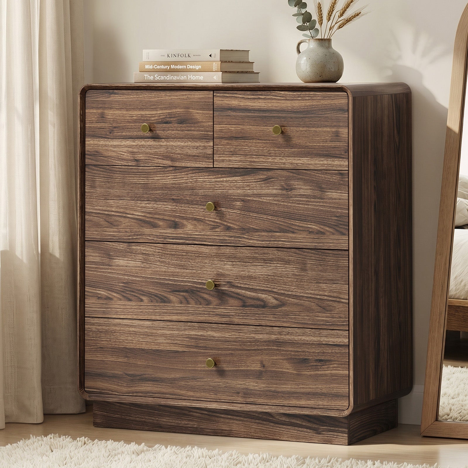 Oikiture 5 Chest Of Drawers Tallboy Storage Dresser Bedroom Living Room Walnut