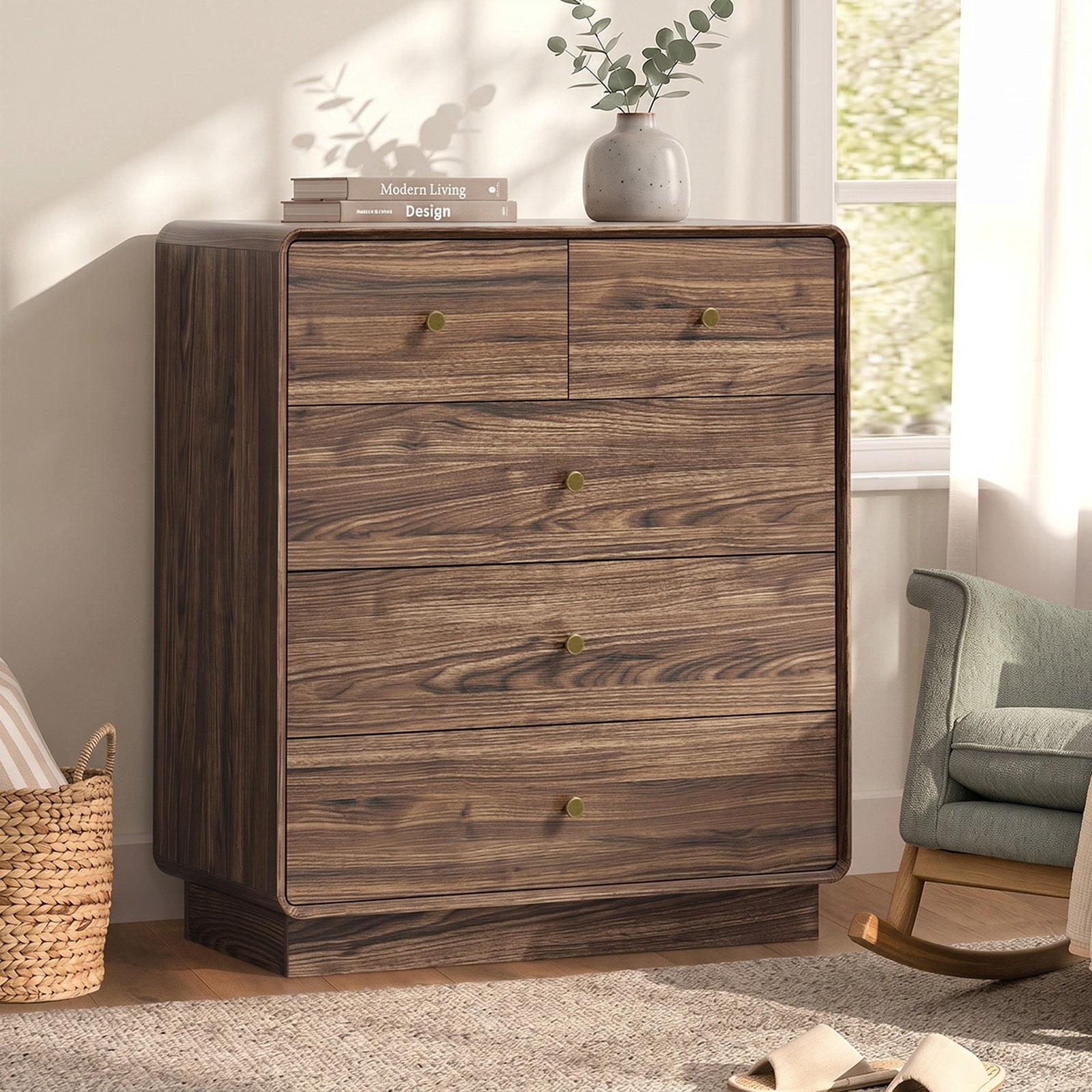 Oikiture 5 Chest Of Drawers Tallboy Storage Dresser Bedroom Living Room Walnut