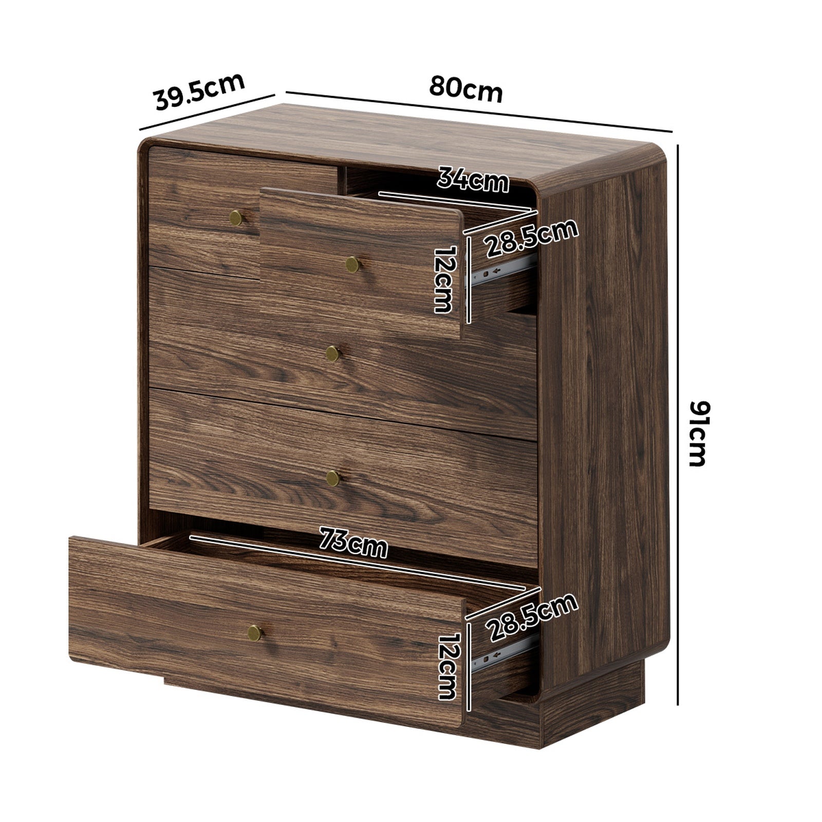 Oikiture 5 Chest Of Drawers Tallboy Storage Dresser Bedroom Living Room Walnut