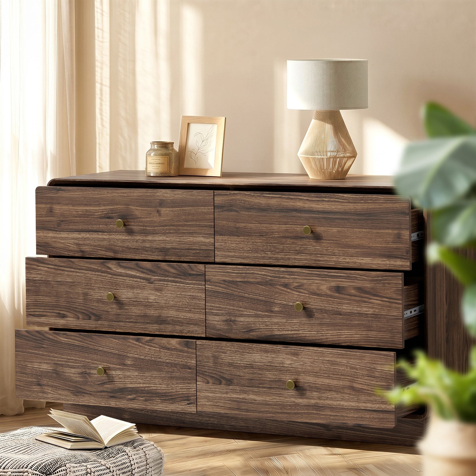 Oikiture 6 Chest Of Drawers Lowboy Storage Dresser Bedroom Living Room Walnut