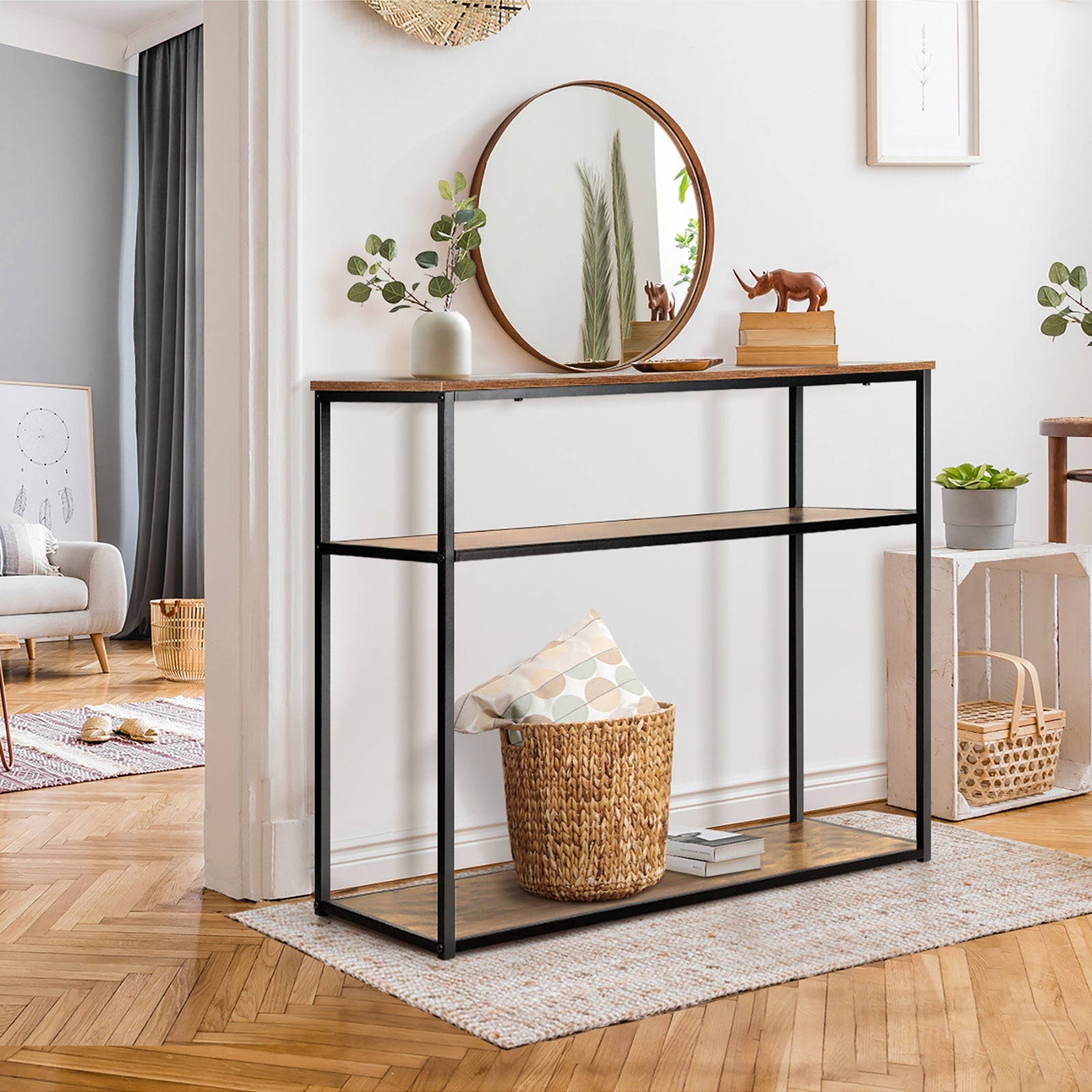 Oikiture Hall Console Table Metal Hallway Desk Entry Display Wooden Furniture - Sunyee
