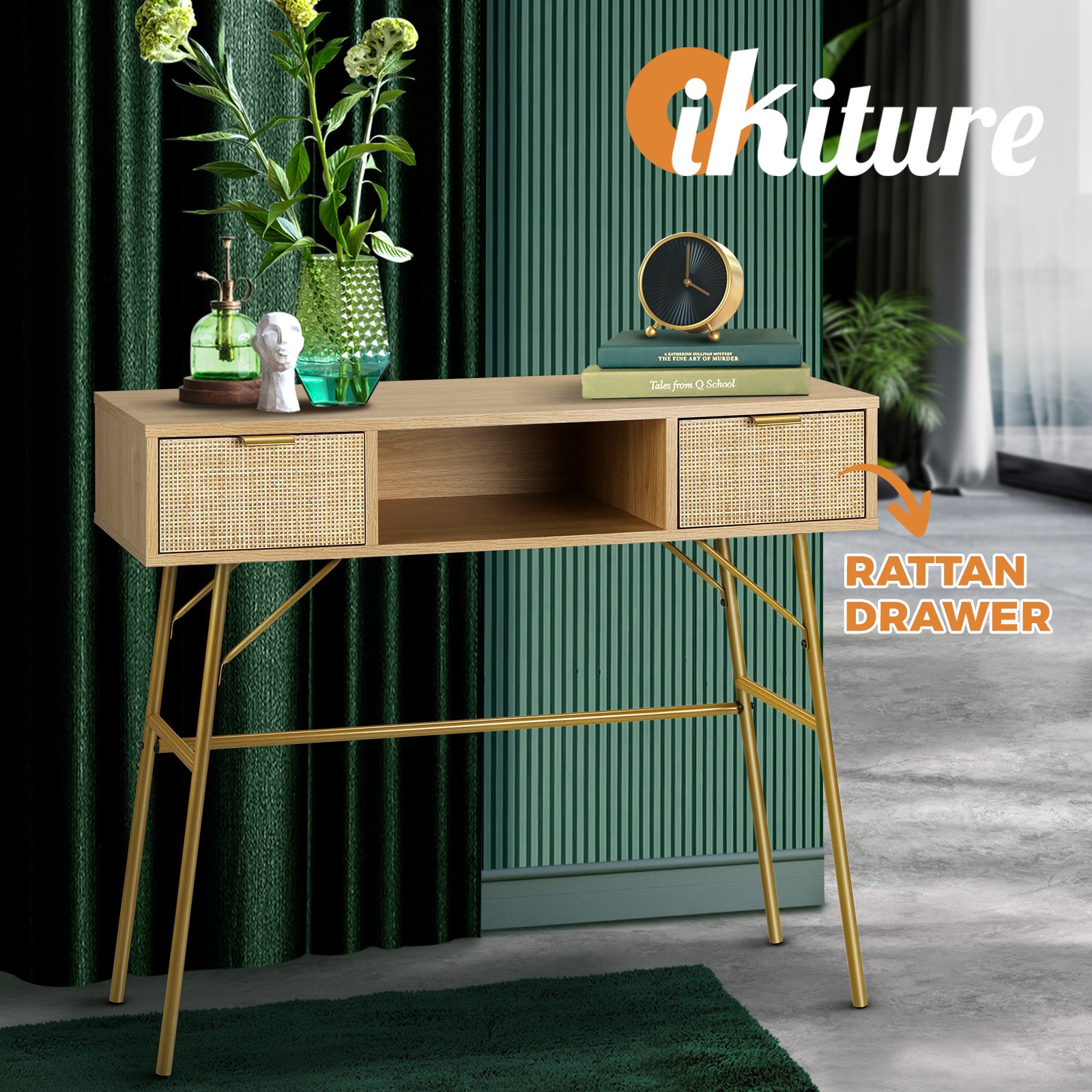 Oikiture Rattan Console Table Hall Table Dressing Desk Hallway Display Furniture - Sunyee