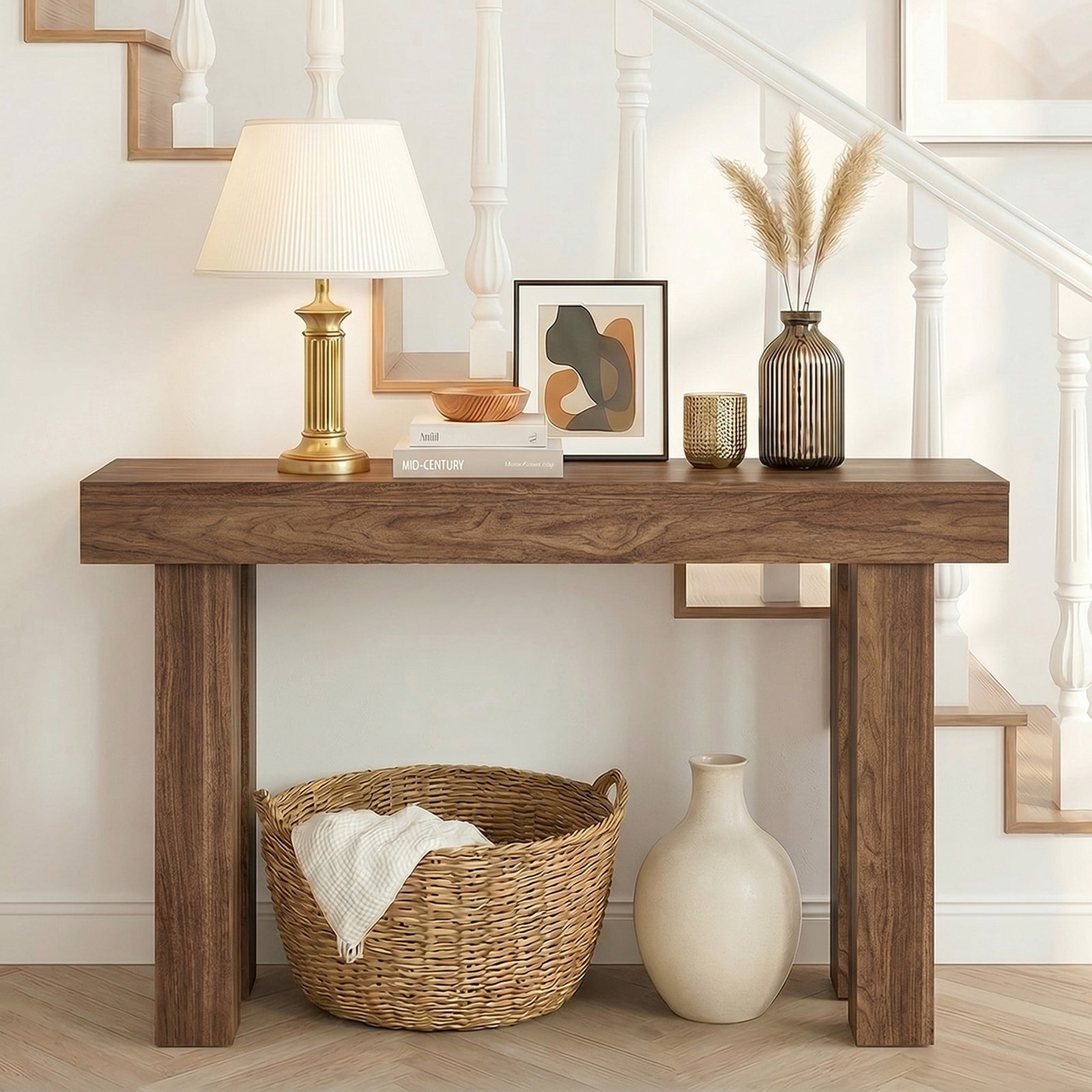 Oikiture Console Table Hallway Narrow Sofa Side Desk Storage Rack Walnut