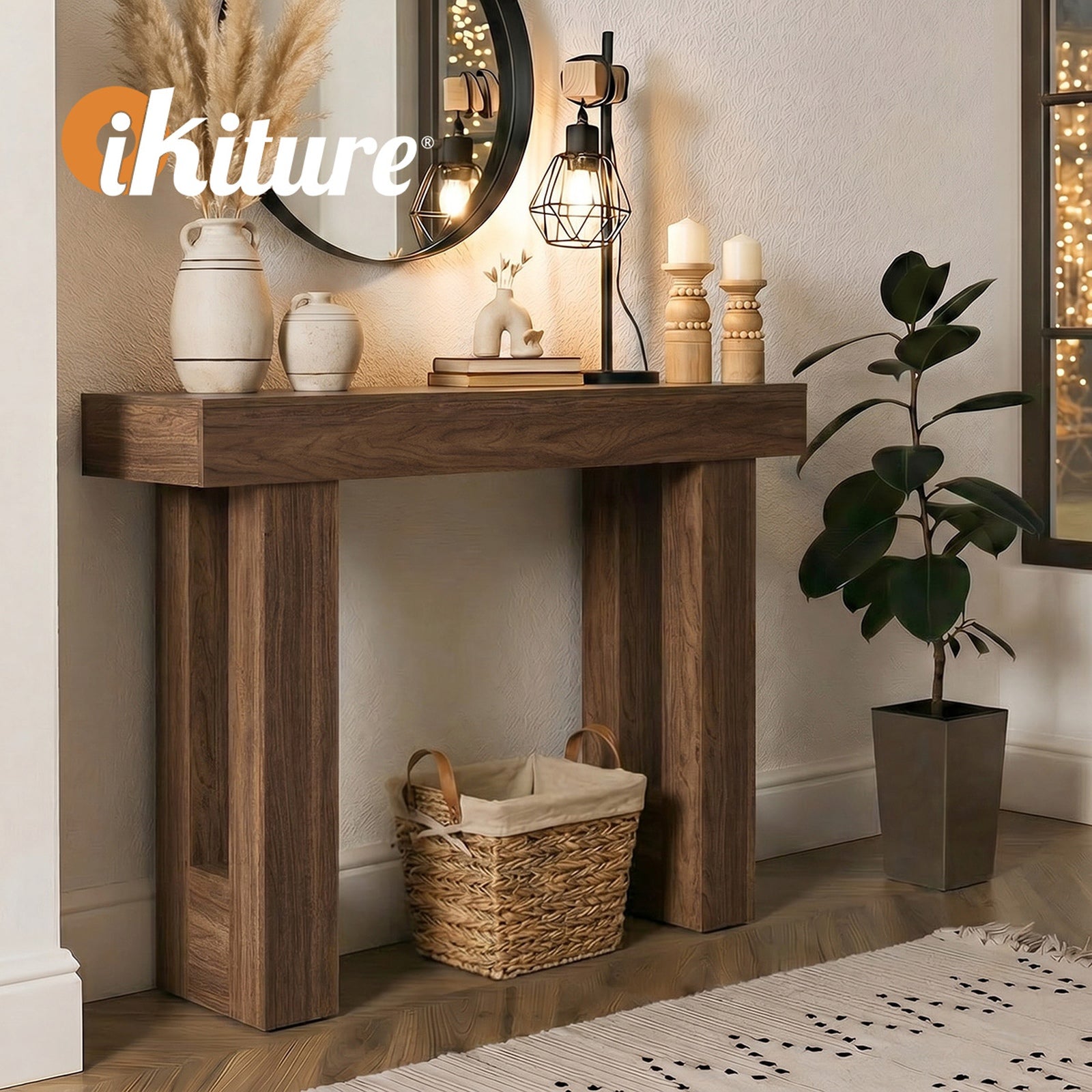 Oikiture Console Table Hallway Narrow Sofa Side Desk Storage Rack Walnut