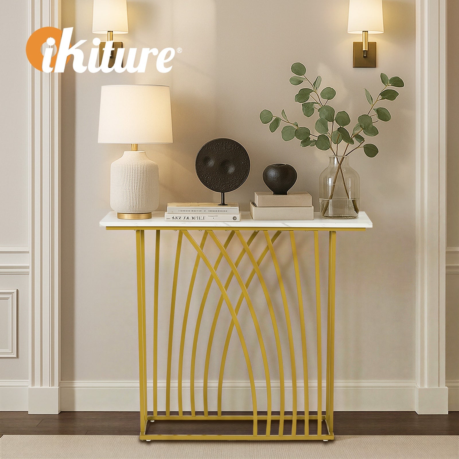 Oikiture Console Table Hallway Marble Effect Tabletop Entry Desk White&Gold - Sunyee