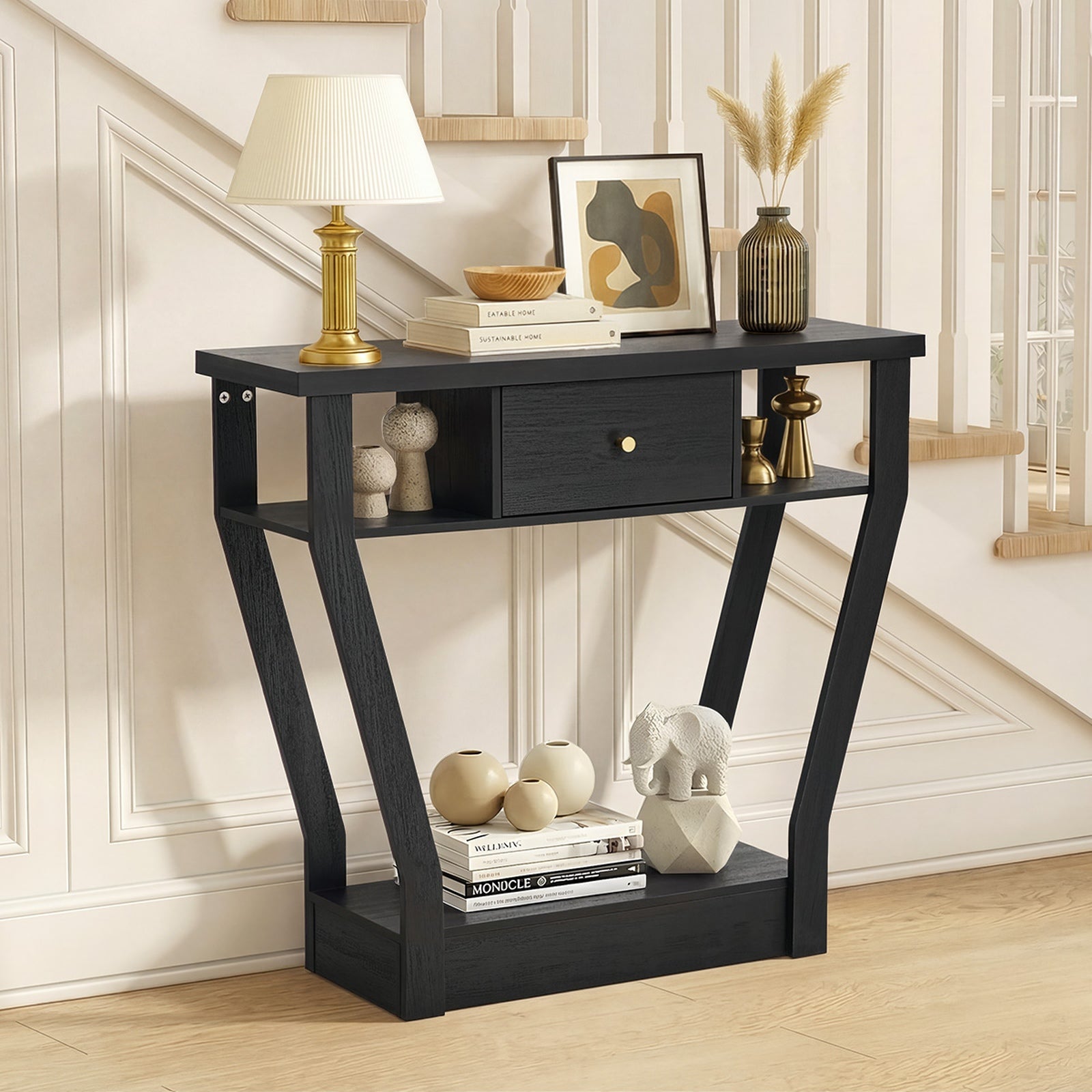 Oikiture Console Table 1 Drawer Hallway Entryway Storage Shelf Side Desk Black - Sunyee