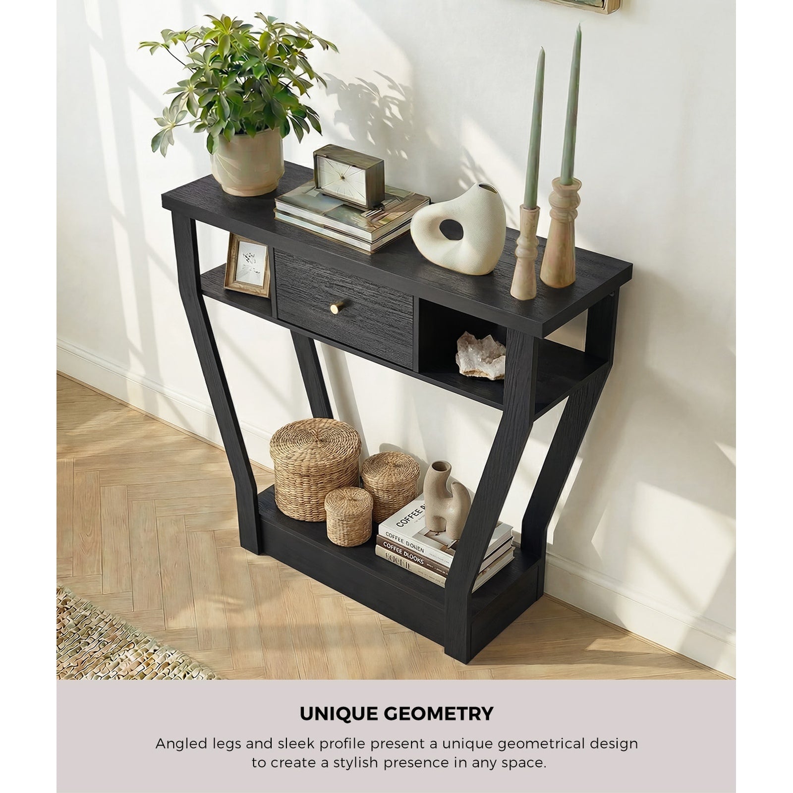 Oikiture Console Table 1 Drawer Hallway Entryway Storage Shelf Side Desk Black - Sunyee