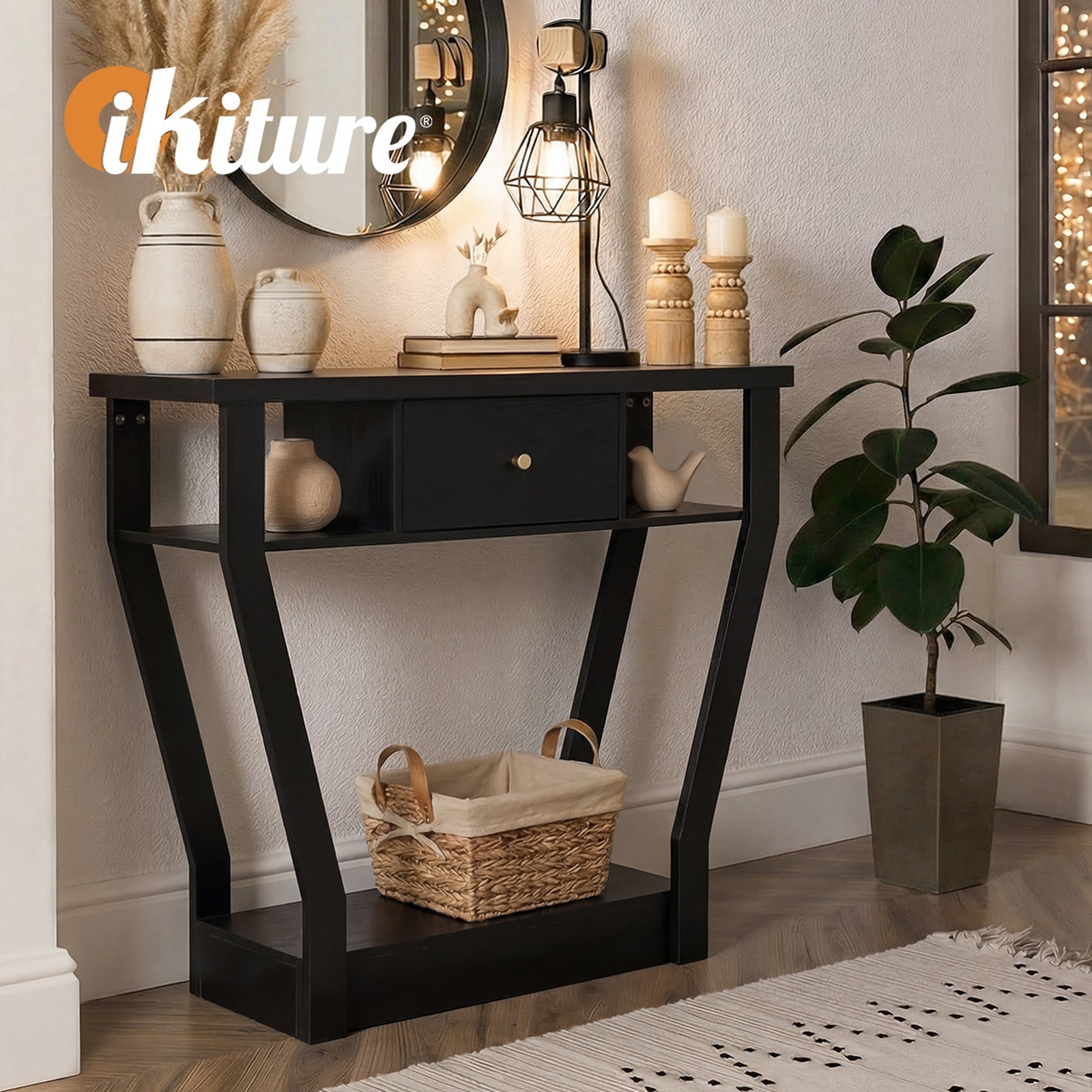 Oikiture Console Table 1 Drawer Hallway Entryway Storage Shelf Side Desk Black - Sunyee