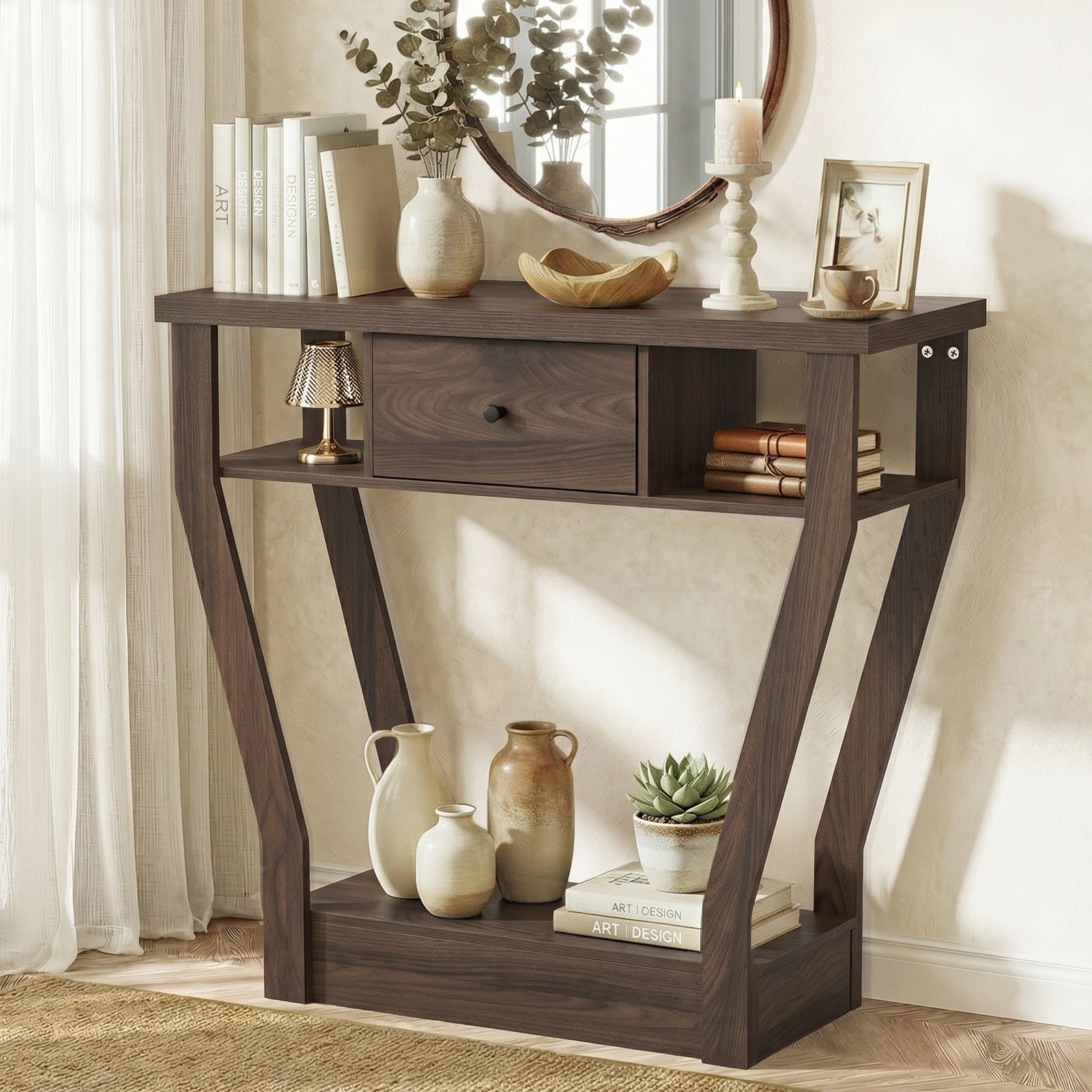 Oikiture Console Table 1 Drawer Hallway Entryway Storage Shelf Side Desk Walnut - Sunyee