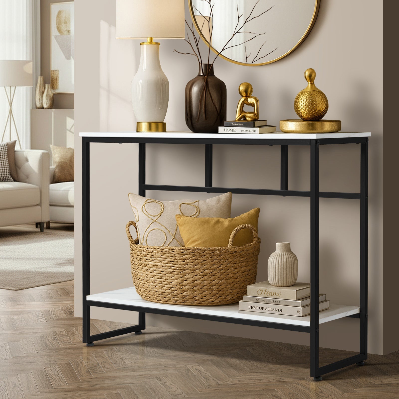 Oikiture Console Table Hallway Marble Effect Metal Entry Table Display WH&BK - Sunyee
