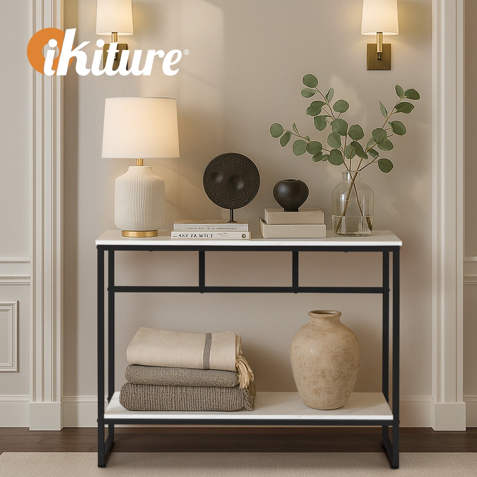 Oikiture Console Table Hallway Marble Effect Metal Entry Table Display WH&BK - Sunyee