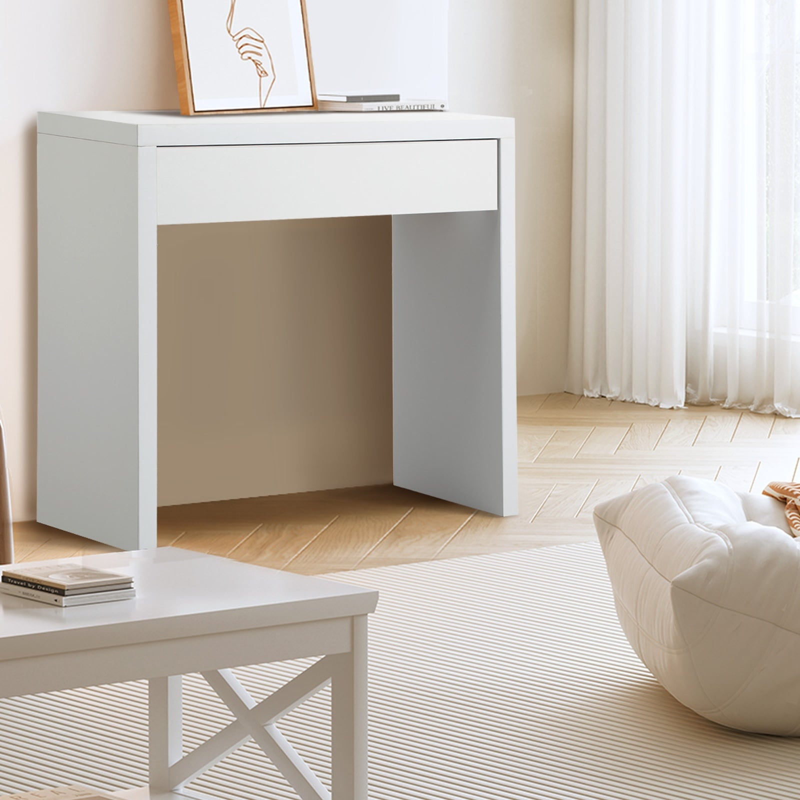 Oikiture Console Table Wood Sofa Table Hall Side Entry with Drawer White