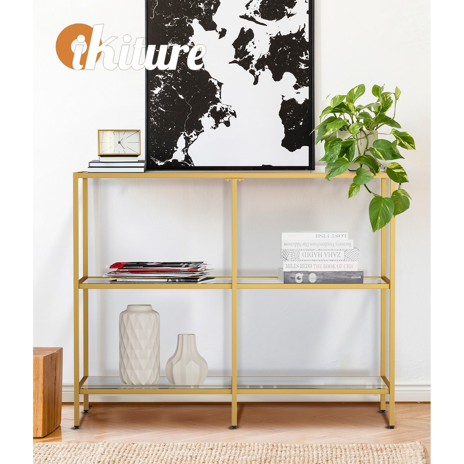 Oikiture Console Table Tempered Glass Sofa Table Hall Side Entry 3 Shelves Gold - Sunyee