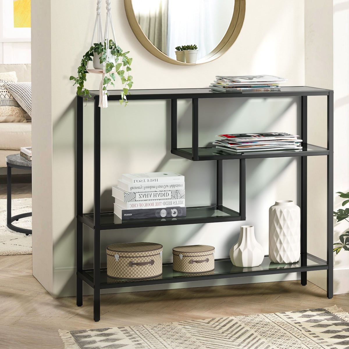Oikiture Console Table Tempered Glass Sofa Table Hall Side Entry 4 Shelves Black - Sunyee