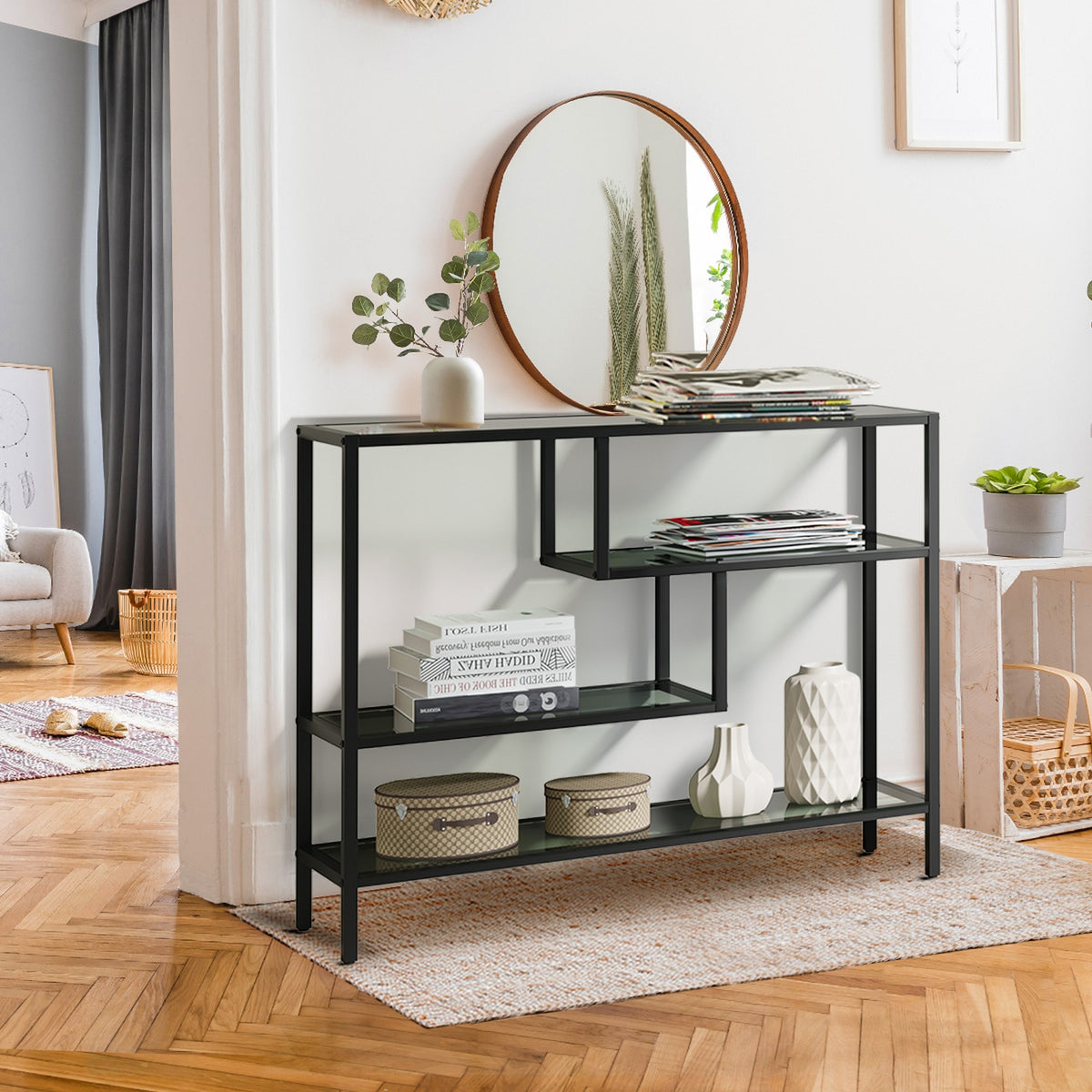 Oikiture Console Table Tempered Glass Sofa Table Hall Side Entry 4 Shelves Black - Sunyee