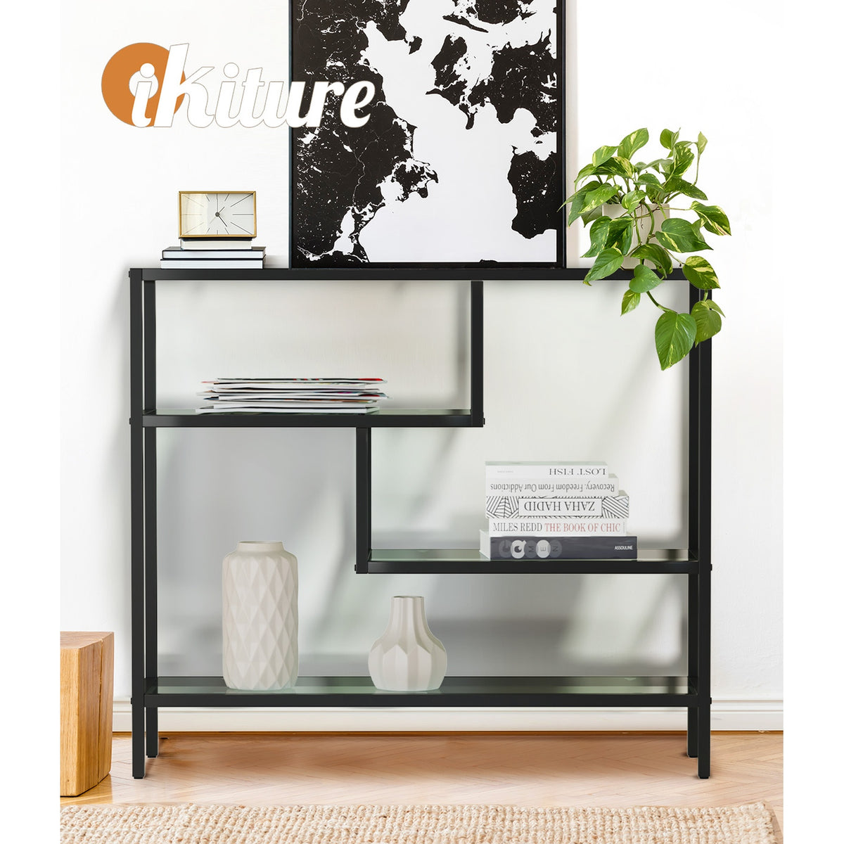 Oikiture Console Table Tempered Glass Sofa Table Hall Side Entry 4 Shelves Black - Sunyee