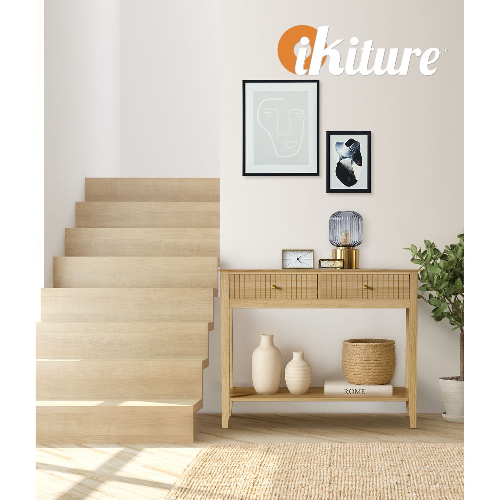 Oikiture 100cm Console Table Hallway Table with 2 Storage Drawer Entry Desk - Sunyee