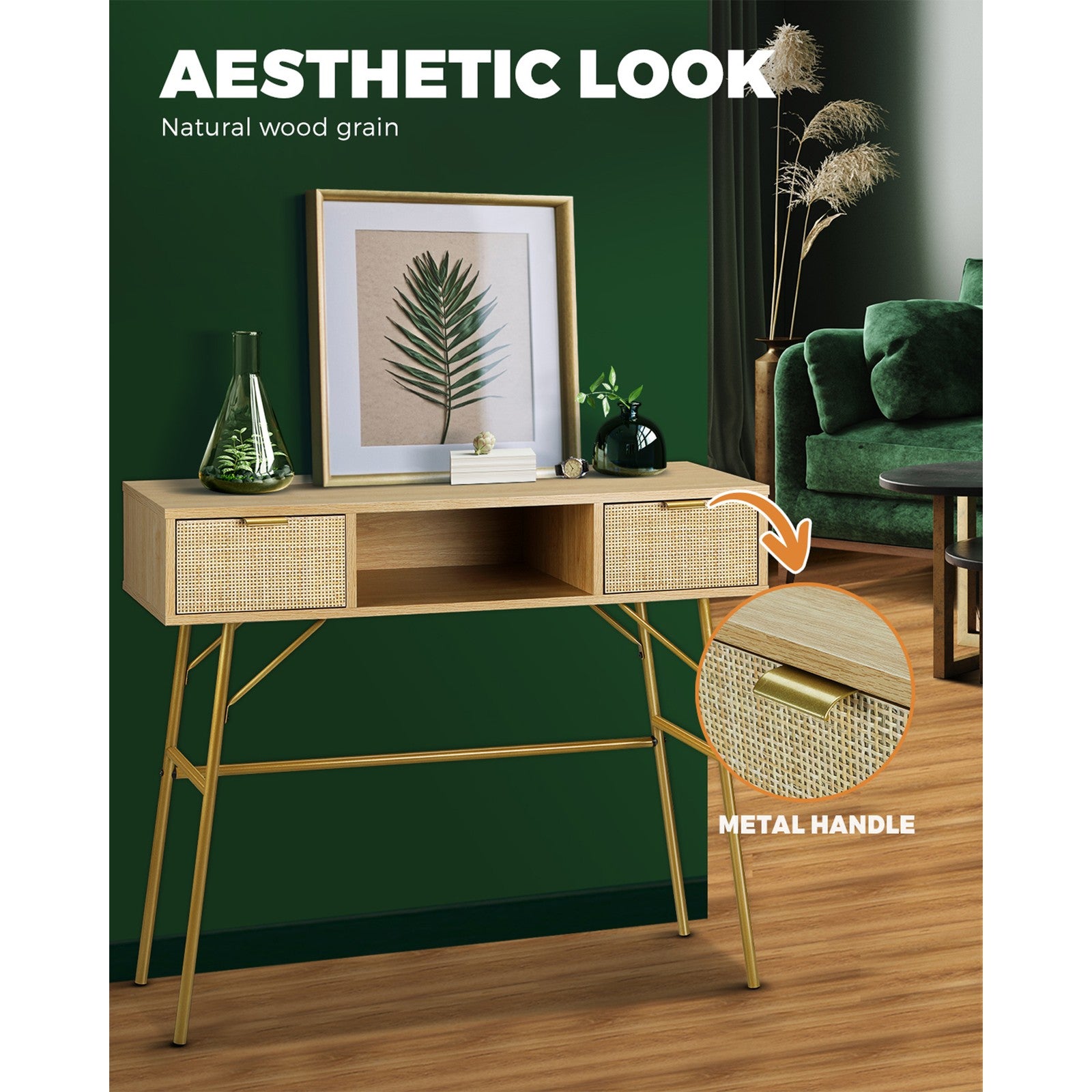Oikiture Rattan Console Table Hall Table Dressing Desk Hallway Display Furniture - Sunyee