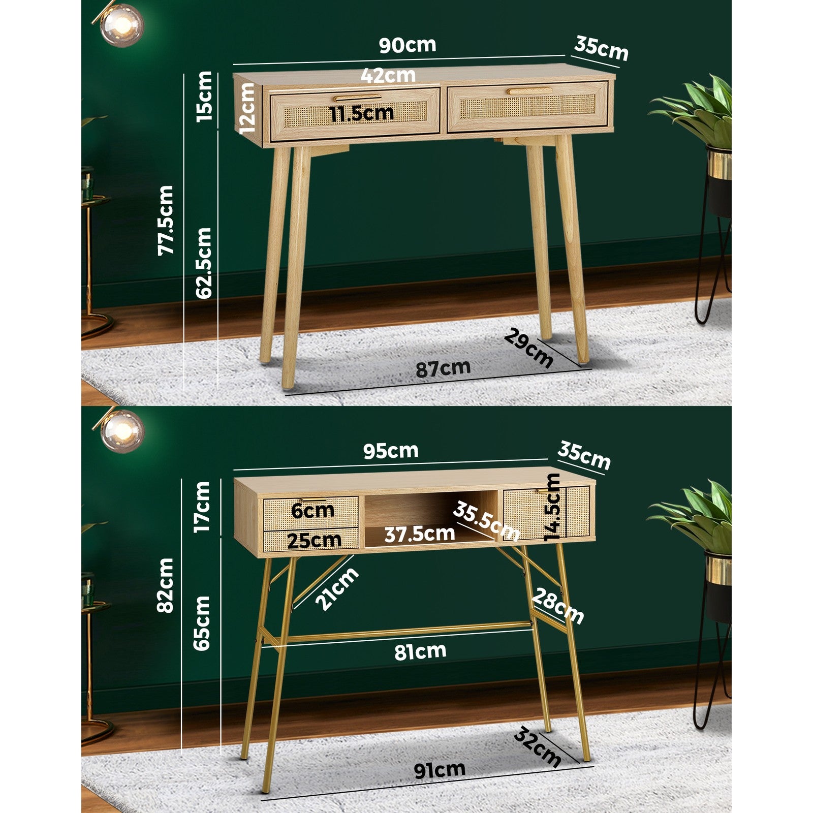 Oikiture Rattan Console Table Hall Table Dressing Desk Hallway Display Furniture - Sunyee