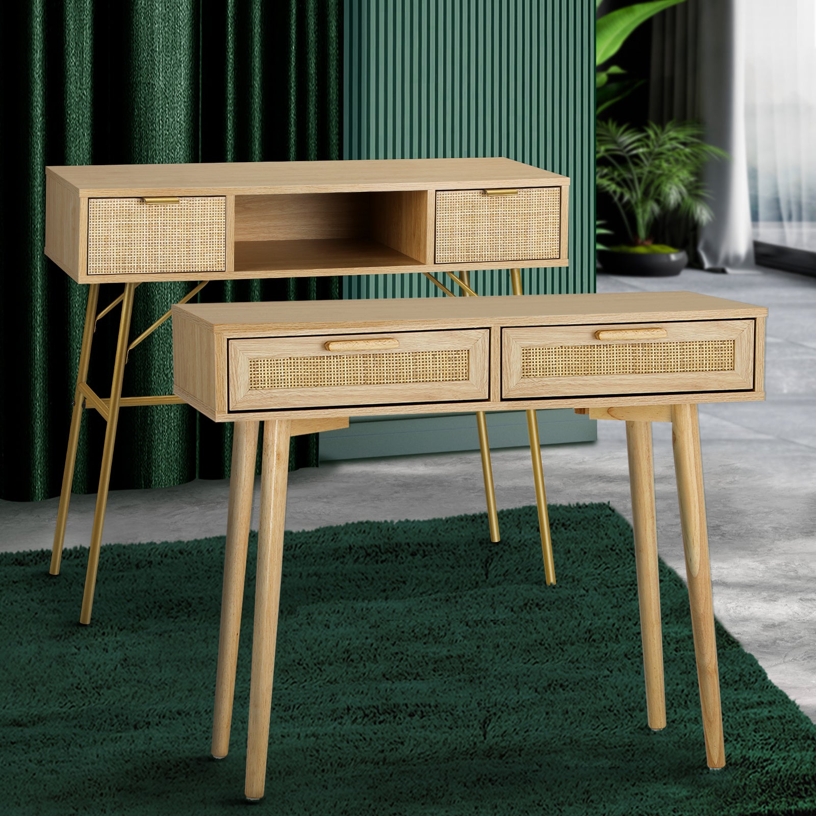 Oikiture Rattan Console Table Hall Table Dressing Desk Hallway Display Furniture - Sunyee