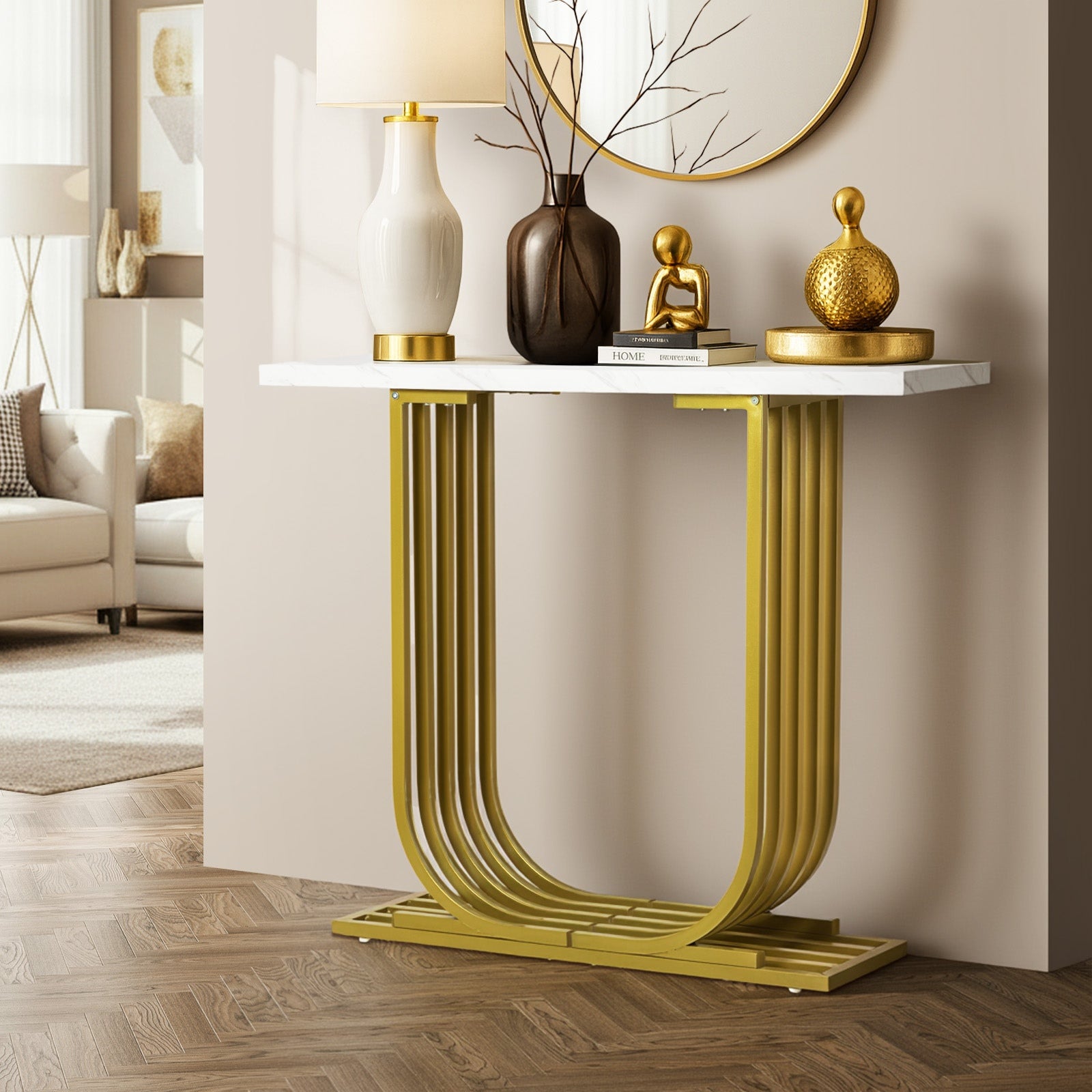 Oikiture Console Table Modern Hallway Desk Marble Effect Tabletop White&Gold - Sunyee
