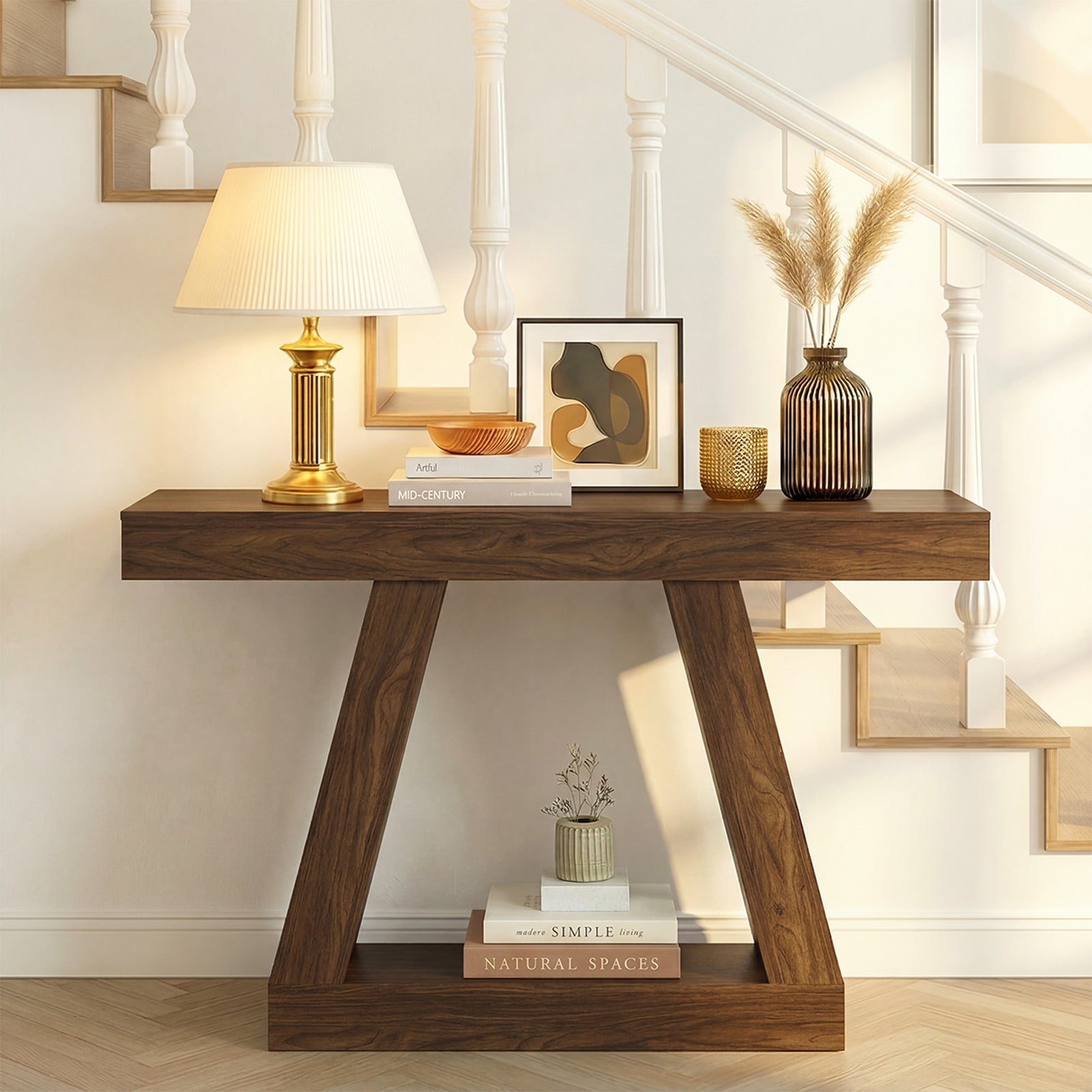 Oikiture Console Table Hallway Narrow Sofa Table Entryway Display Shelf Walnut