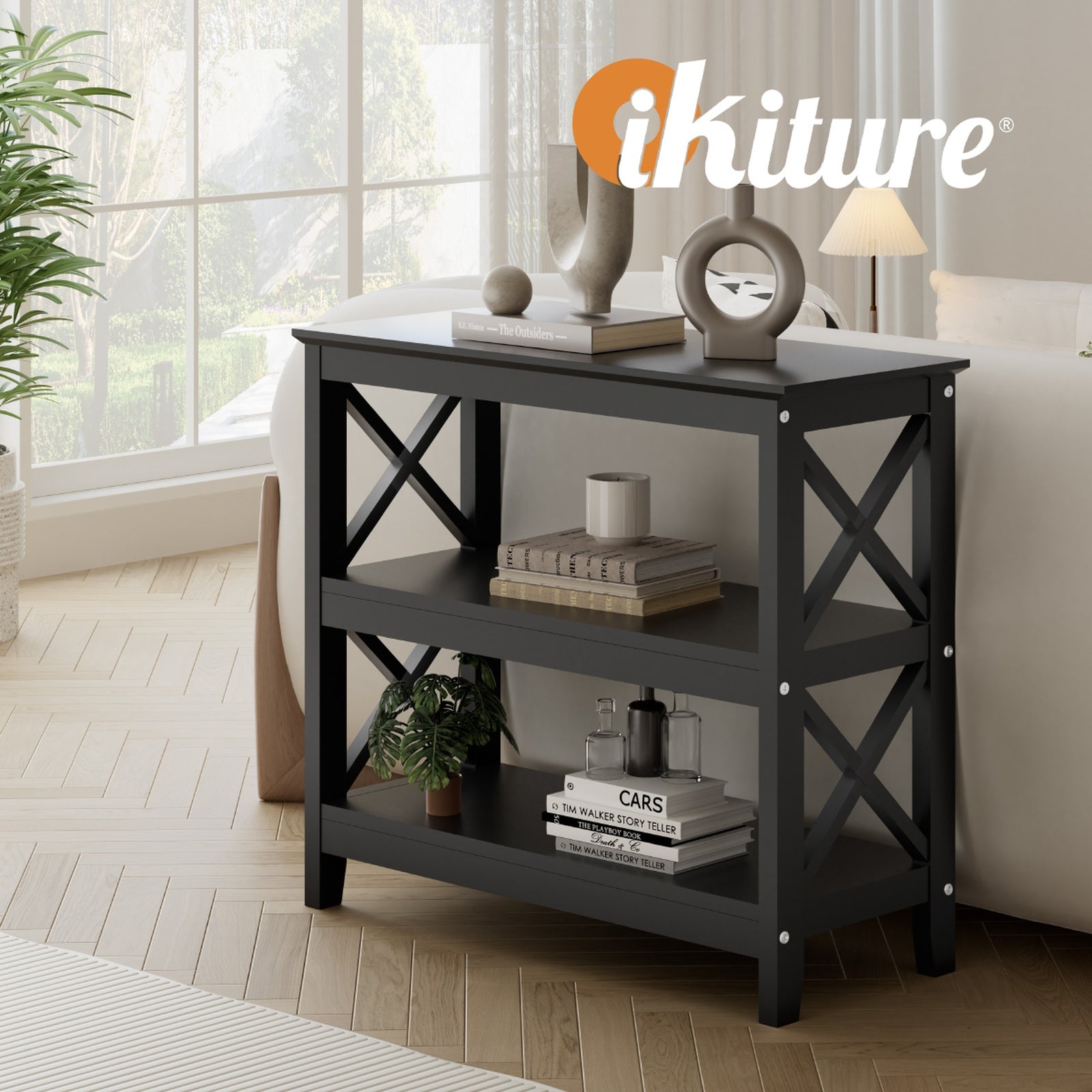 Oikiture 3-Tier Console Table X-Design Wood Sofa Table Hall Side Entry Black - Sunyee