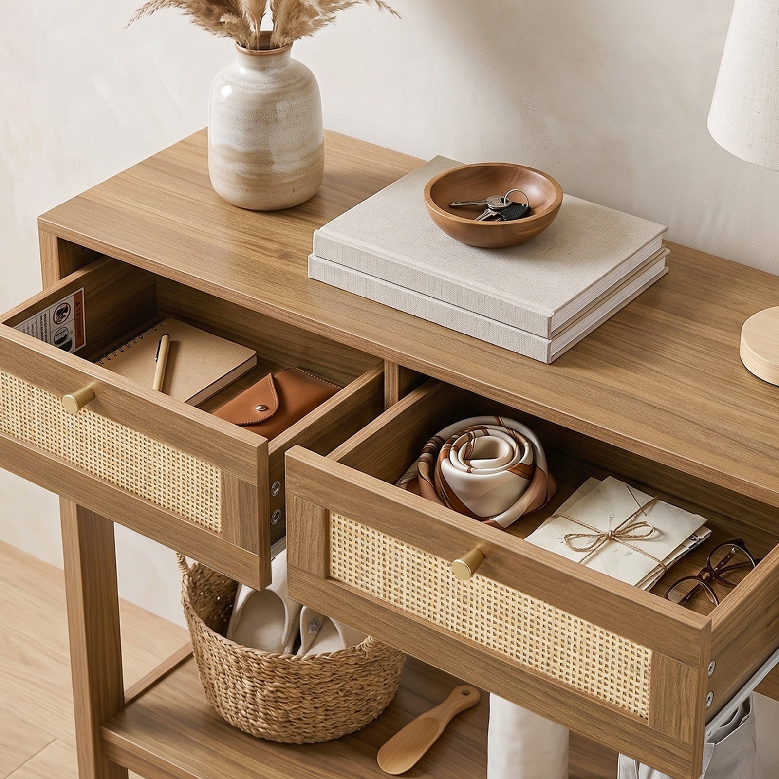 Oikiture Console Table 2 Drawer Hallway Display Shelf Entryway Storage Oak