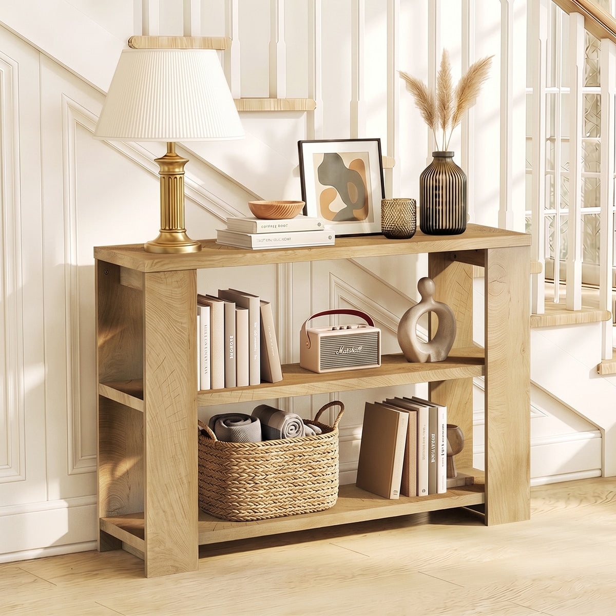 Oikiture Modern Console Table Two Open Shelves Entryway Storage Decor Natural
