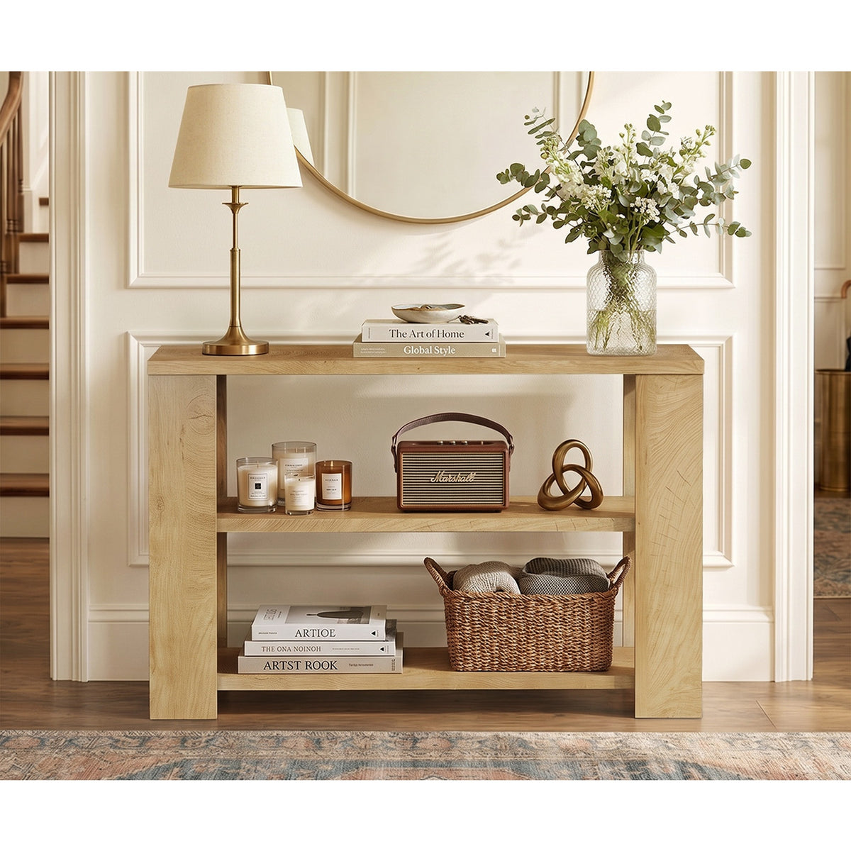 Oikiture Modern Console Table Two Open Shelves Entryway Storage Decor Natural