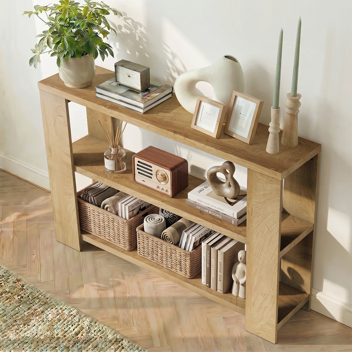 Oikiture Modern Console Table Two Open Shelves Entryway Storage Decor Natural