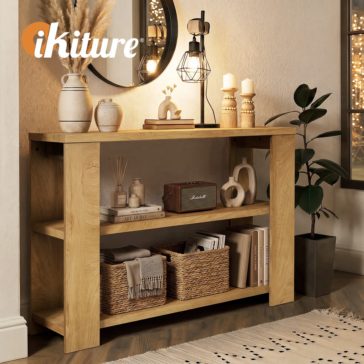 Oikiture Modern Console Table Two Open Shelves Entryway Storage Decor Natural