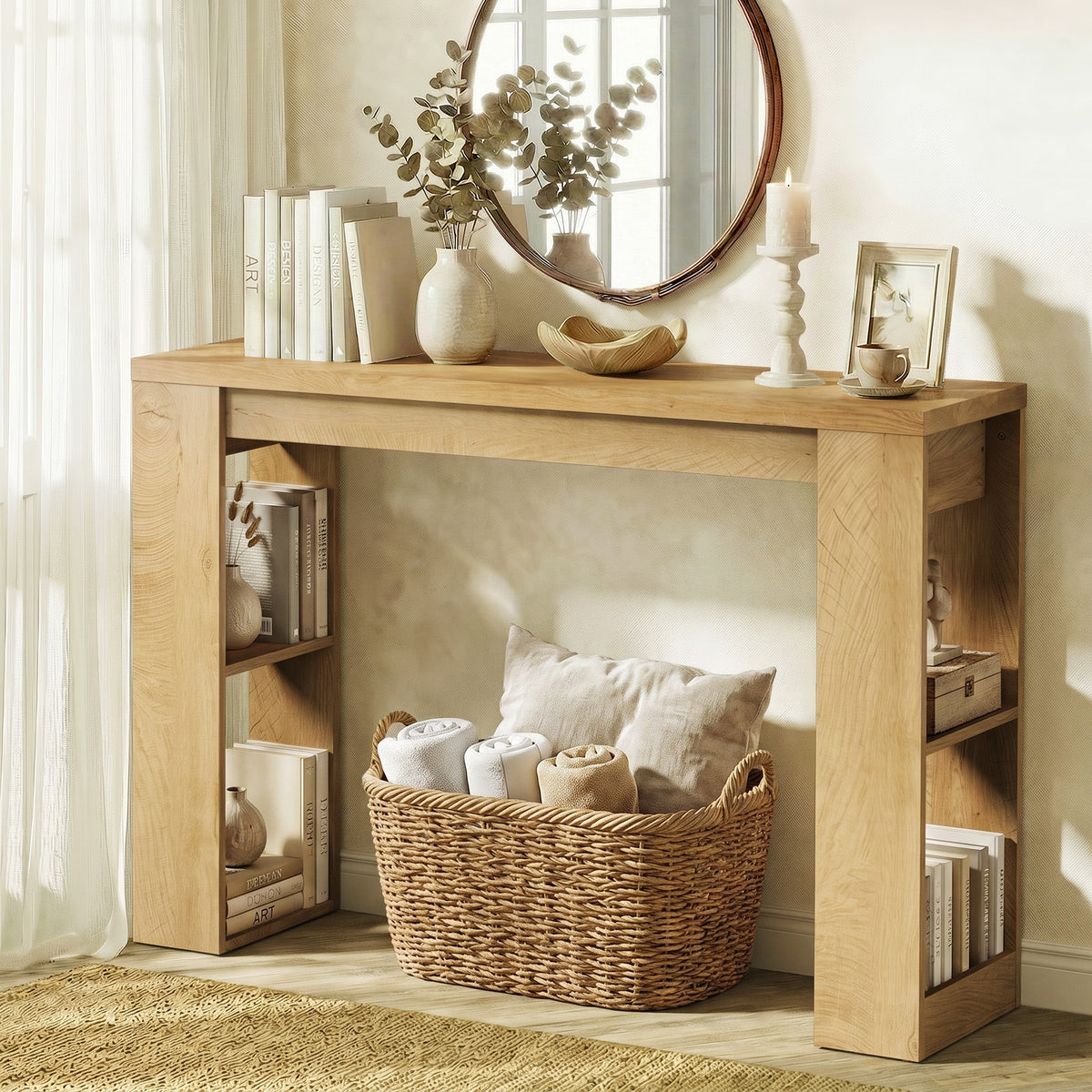 Oikiture Modern Console Table Display Shelf Entryway Open Storage Decor Natural