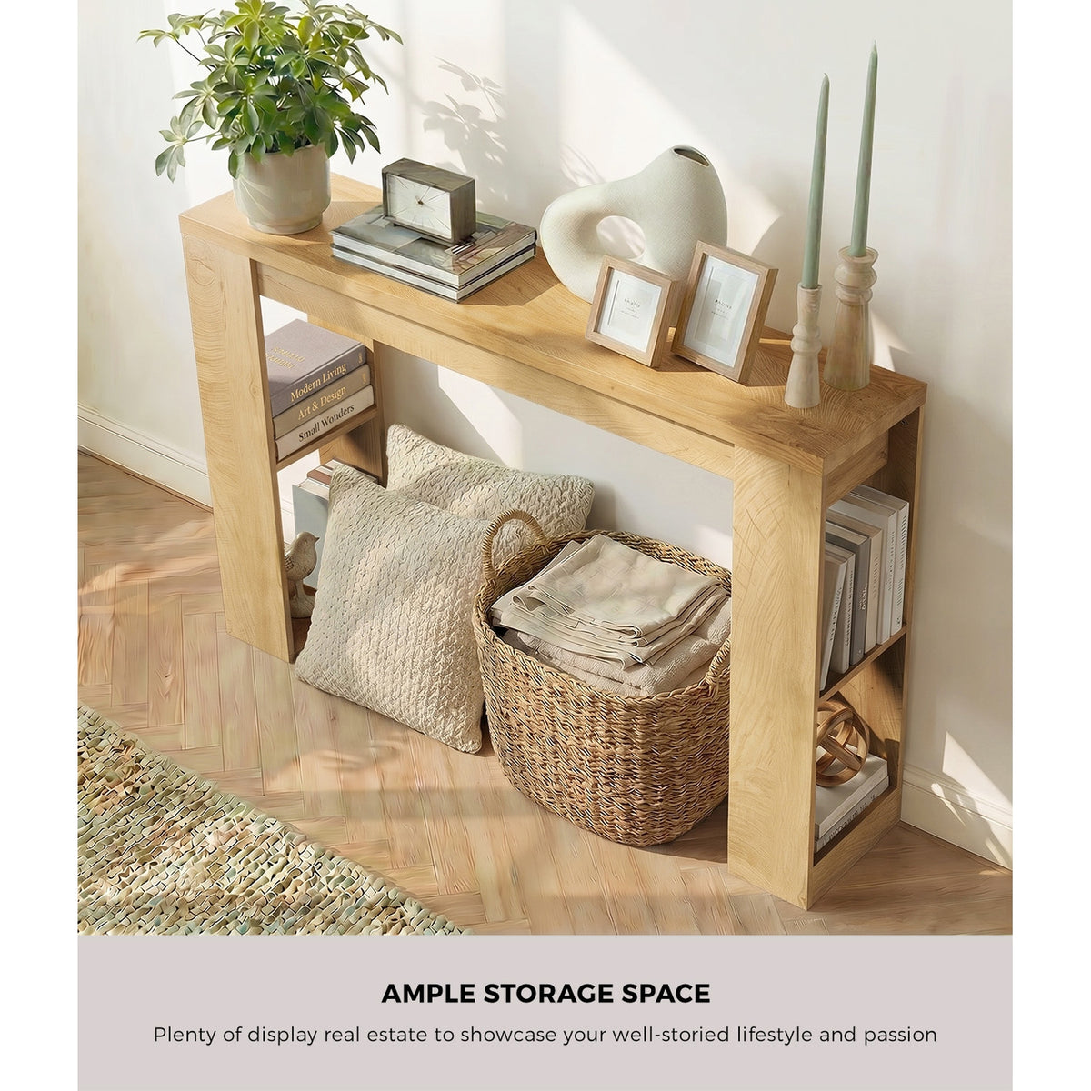 Oikiture Modern Console Table Display Shelf Entryway Open Storage Decor Natural