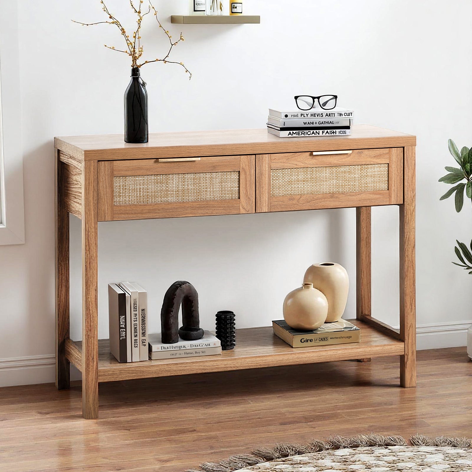 Oikiture Console Table 2 Drawers Entry Table Hallway Display Shelf Natural - Sunyee