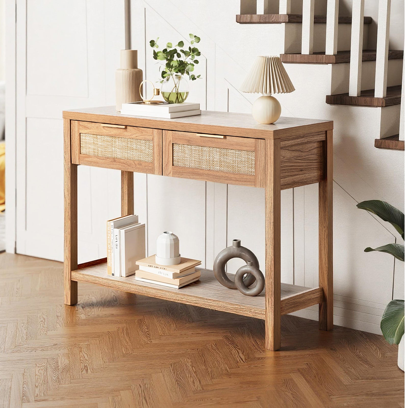 Oikiture Console Table 2 Drawers Entry Table Hallway Display Shelf Natural - Sunyee